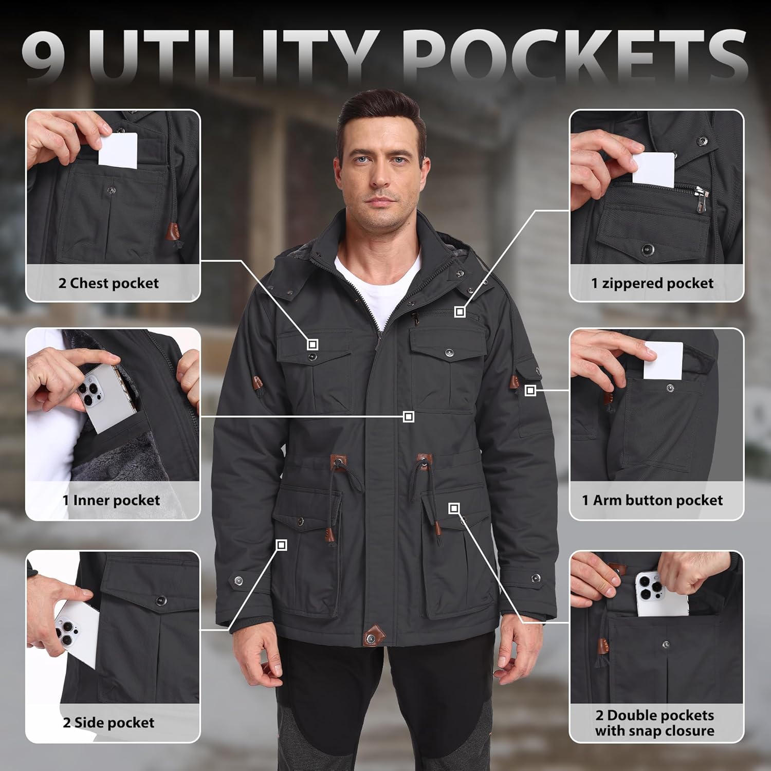 SPOSULEI Winter Jackets for Men Cotton Work Fleece Lined Army Jacket Winter Military Coat with Multi-Pockets Black M - Image 5