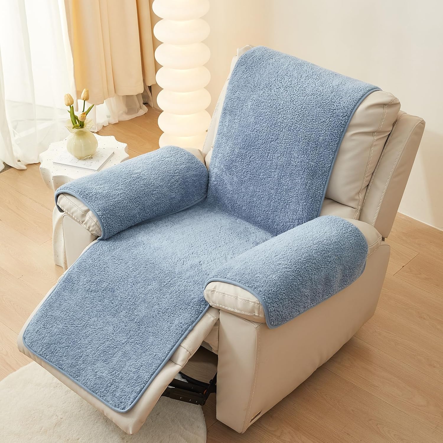 Luxury Sherpa Fleece Recliner Chair Cover Non Slip Backing Fuzzy Fluffy Reclining Couch Cover Soft Comfort Sofa Slipcover Washable Furniture Protector for Kids, Pets (Blue, 22'') image 5