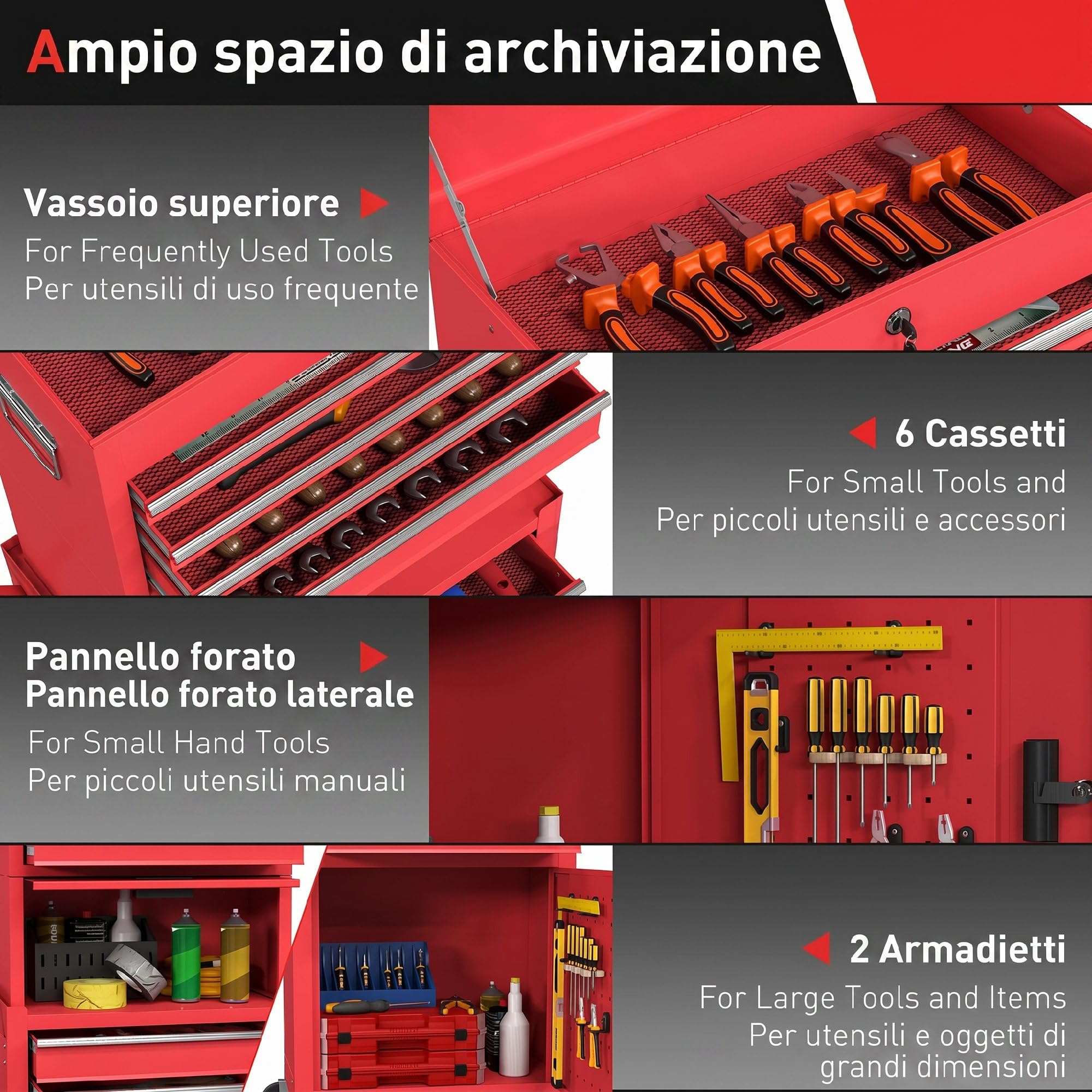 HOMCOM Carrello Porta Attrezzi in Acciaio con Serratura, 3 in 1 Carrello Portautensili da Officina con 6 Cassetti, 2 Armadi, Pannello Forato, Ruote, Maniglia, Capacità 100kg, Rosso