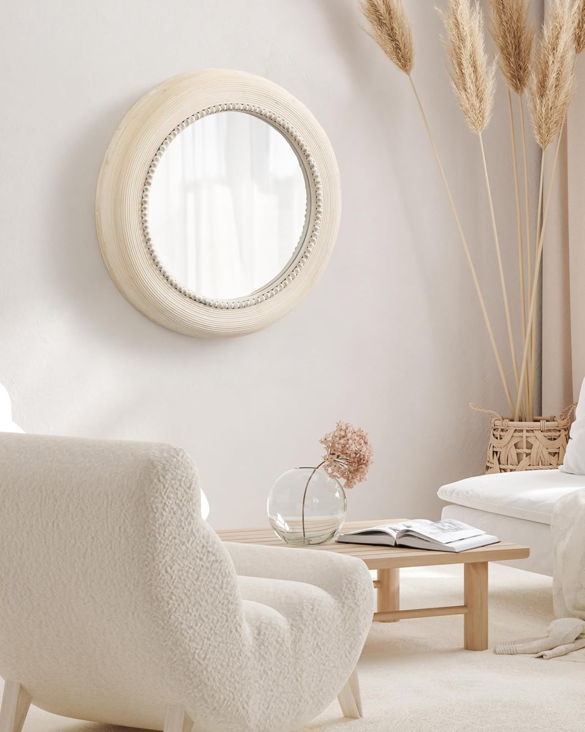 Kate and Laurel Jonesport Chunky Decorative Round Mirror, 26 Inch Diameter, Light Natural, Coastal Circle Mirror with Beaded Detail Design for Bathroom Mirror for Over Sink