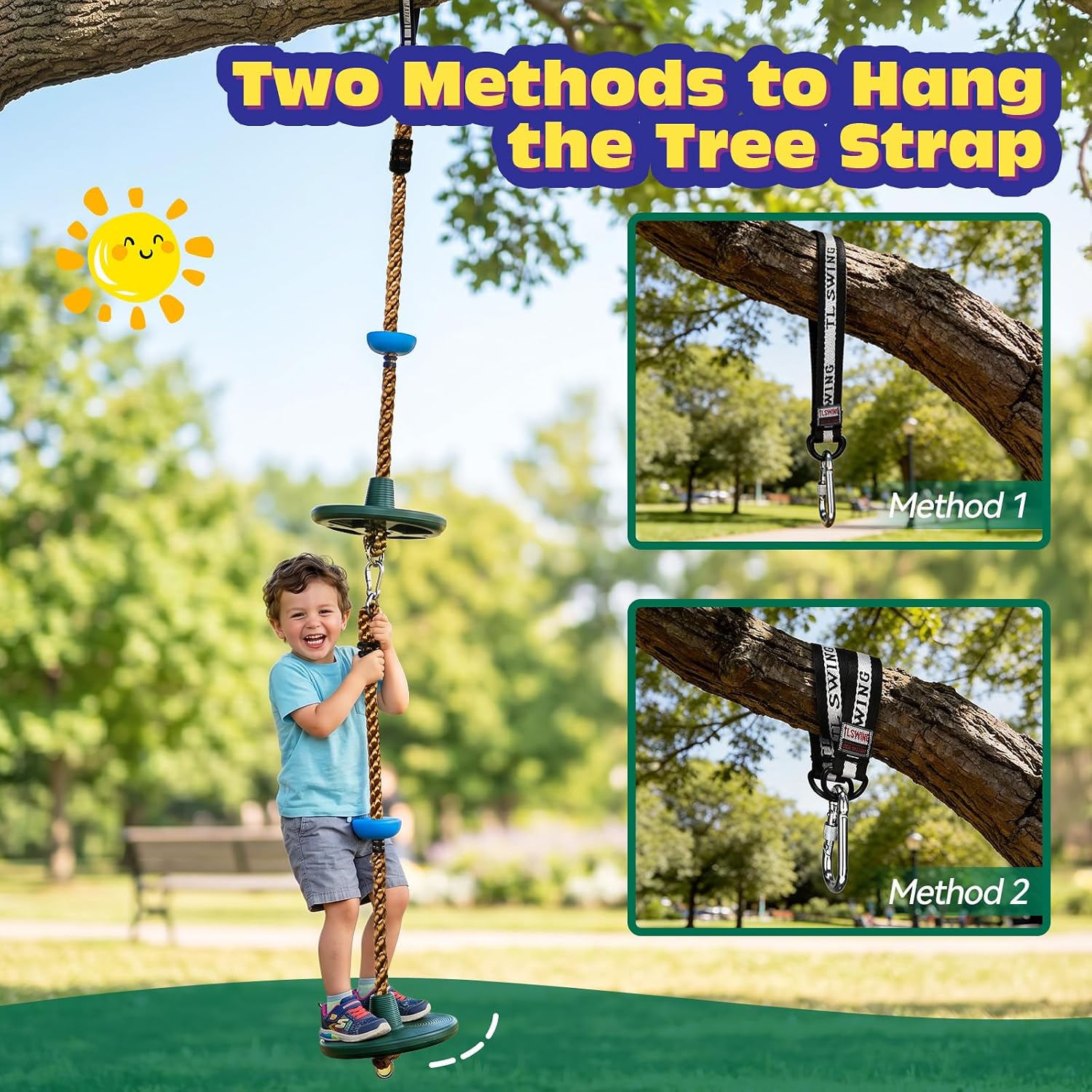 HeyZoo Connectable Tree Swing for Kids 330LB Capacity, Disc Swing Seat Set with Platforms Outdoor Backyard Playground Accessories with Carabiners and Thickened Straps, 2 Pack