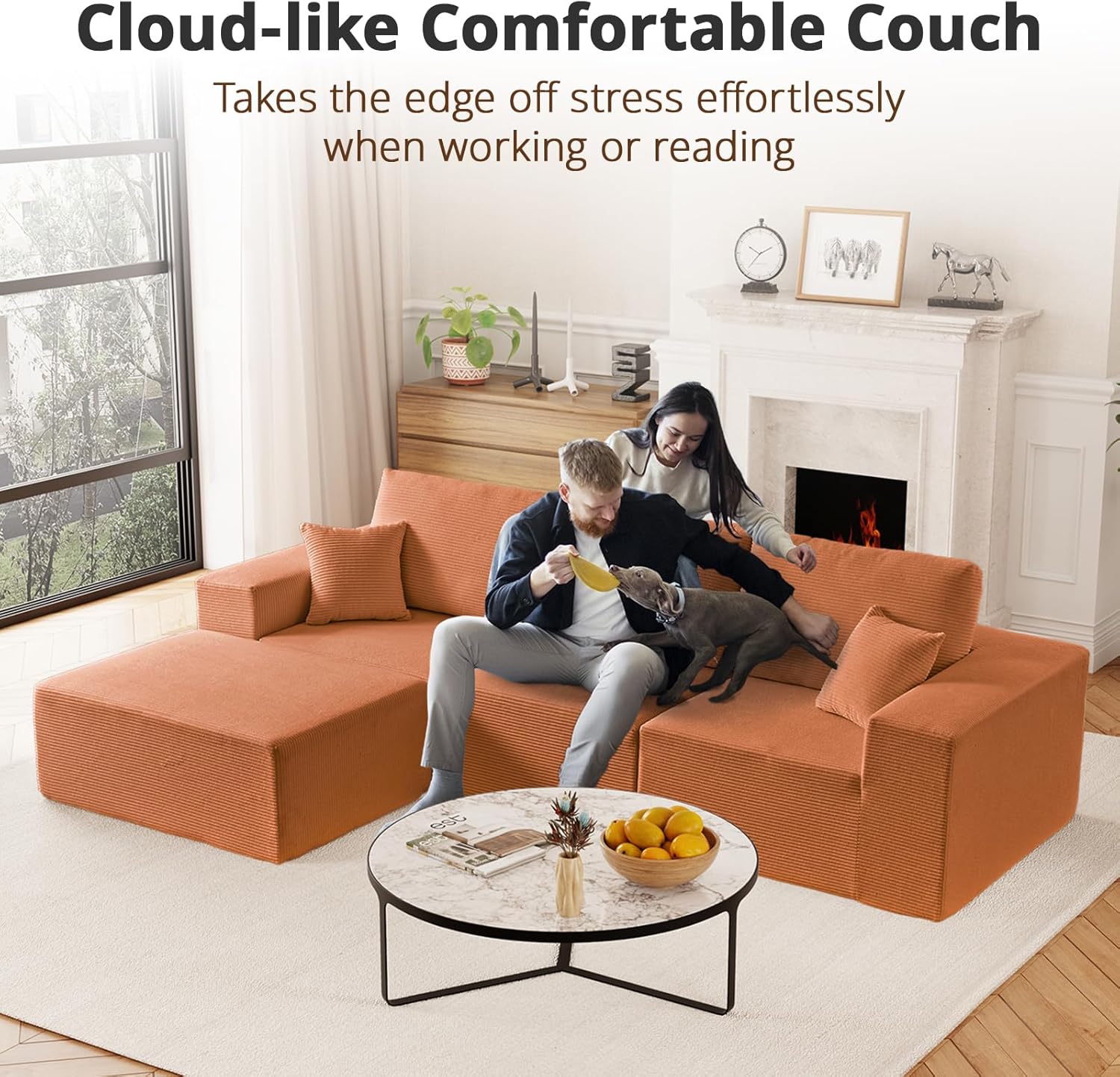 108" L-Shaped Boneless Couch, High Seat Modular Sectional Sofa with Moveable Ottoman, Corduroy Cloud Couches for Living Room, No Assembly, Ship in a Box, Orange | Modular Flexibility