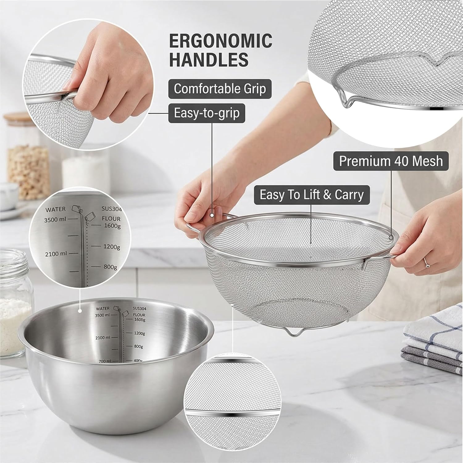 18/8 Stainless Steel Fine Mesh Colander Set, 3.5Qt