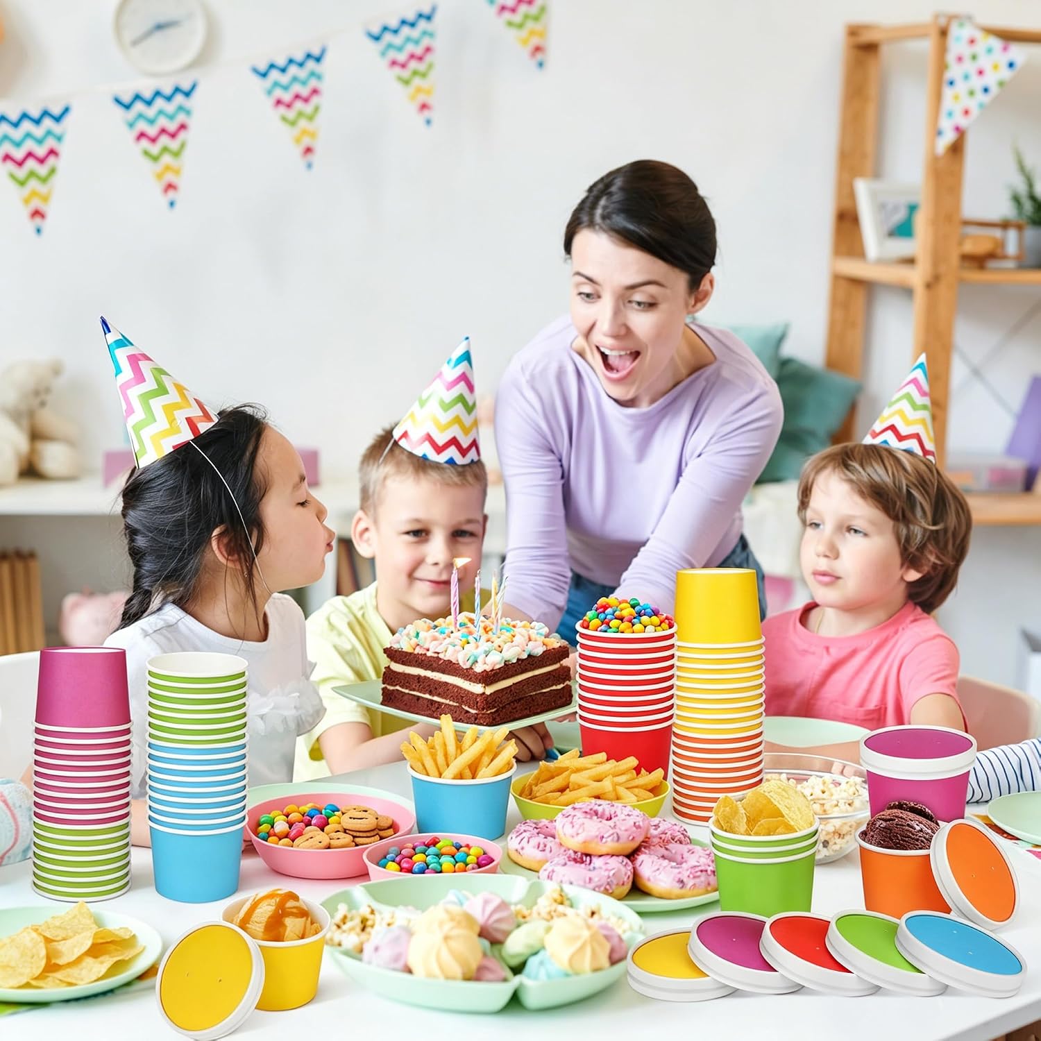Aodaer 60 Pack 8 oz Paper Bowls with Lids Disposable Ice Cream Cups with Lids Leak-proof Hot Soup Bowls Dessert Sundae Snack Treat Cups Party Supplies for Picnic Birthday Summer Party, Rainbow