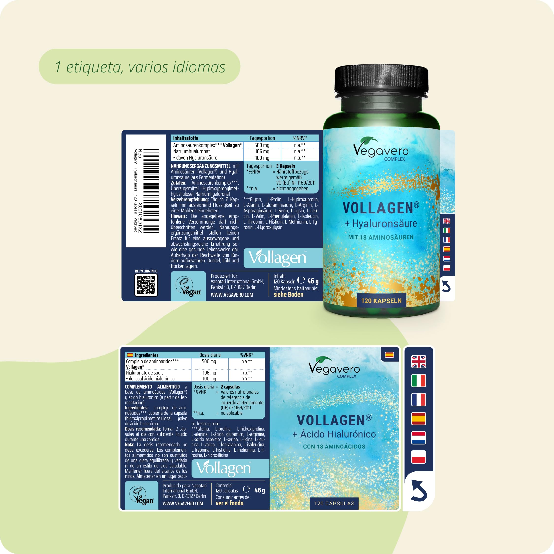 Vegavero Colágeno Vegano + Ácido Hialurónico | DOSIS ALTA | Piel + Cabello + Antiedad | AMINOÁCIDOS | Articulaciones + Masa Muscular | Materia Premium: Vollagen | Sin Aditivos
