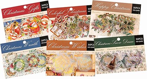 Miniatura 2 de Aromoty Juego de calcomanías de Navidad de lámina dorada de Papá Noel, muñeco de nieve (180 piezas con 6 temas), calcomanías de resina transparente