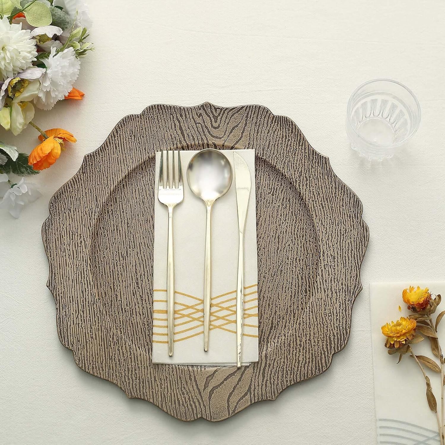 Efavormart 13" Charger Plates - Set of 12 - Rustic Natural Embossed Wood Grain Round Acrylic Charger Plates with Scalloped Rim, Ideal for Dinner Party Wedding Holiday Bulk Events