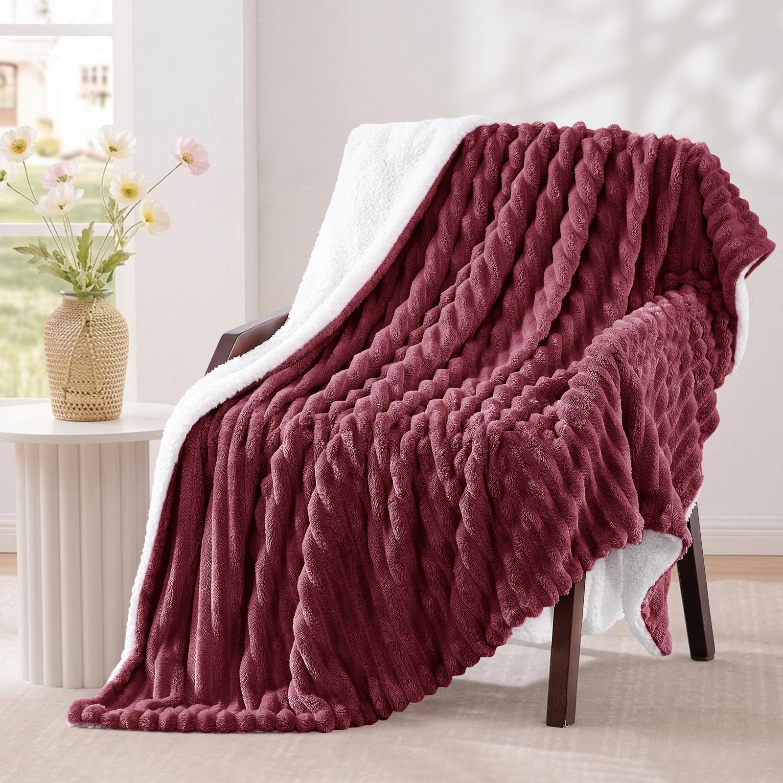 Aisbo Sherpa Fleece Throws for Sofas Double - Fluffy Bed Blanket, Burgundy