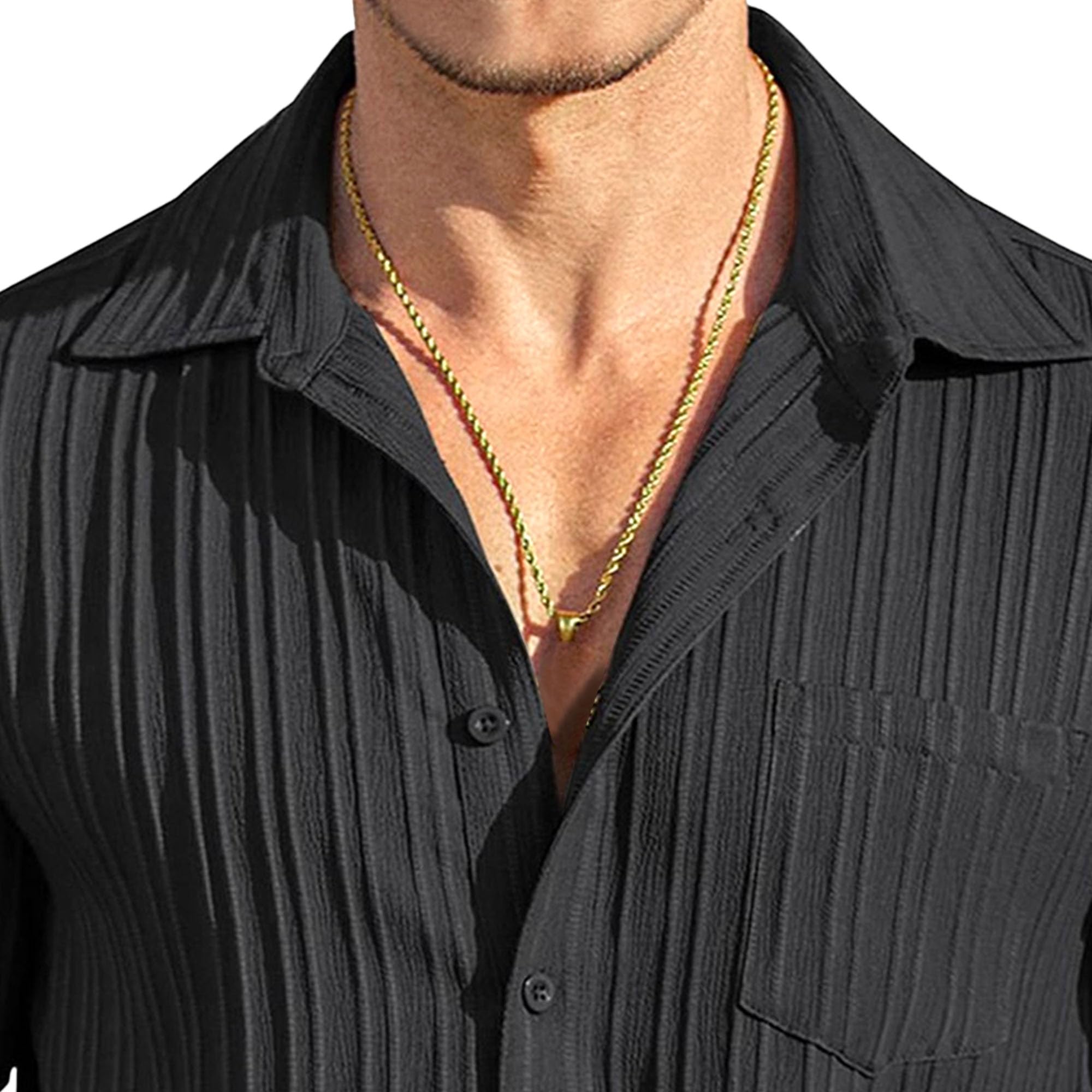 Mens Stretch Fit Textured Beach Polo Tops Button Down Vacation Golf Shirts Casual Cuban Collar Shirt with Pocket (Black,Large)