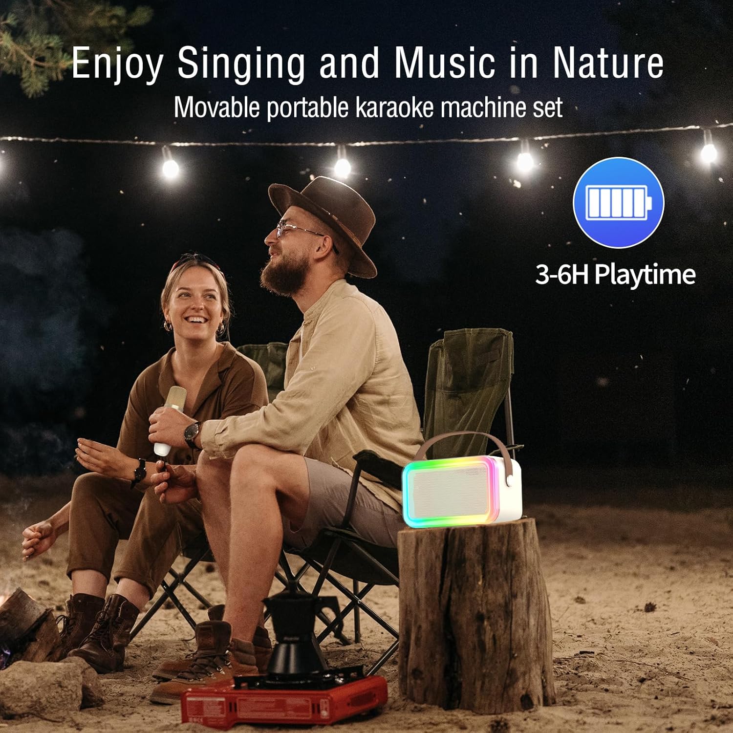 Karaoke Machine Microphone,Fun Toys Christmas Birthday Gifts for Adult Women Men Girls Kids Toddler Boys,Portable Bluetooth Speaker with 2 Wireless Microphone for Home Party Birthday Beige 2 mics-rainbow lights image 5 of 6 B0CFH9DG9Y