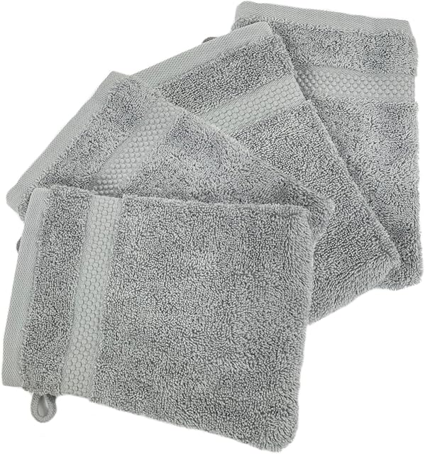 Sue Rossi Face Cloth Wash Mitt Set, 100% Organic Turkish Combed Cotton, 600GSM Thick With Hanging Loop, Size 16cm x 21cm, Flannel Glove Pack Soft & Absorbent (Silver Grey, 4)