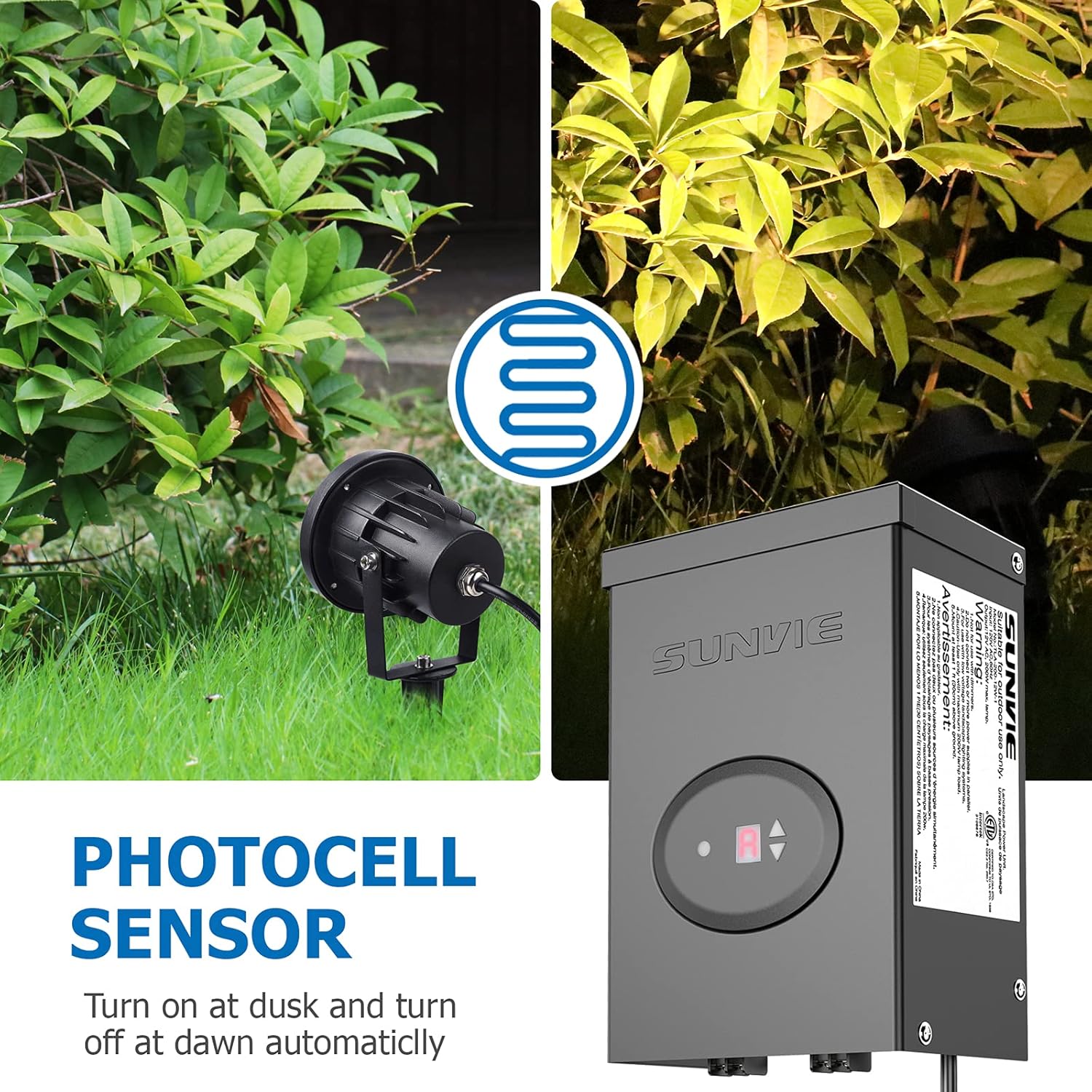 SUNVIE 200W Low Voltage Landscape Lighting Transformer with Timer and Photocell Sensor Waterproof Low voltage Transformer for LED Landscape Lights Path Lights Outdoor Spotlight 120V to 12V, ETL Listed