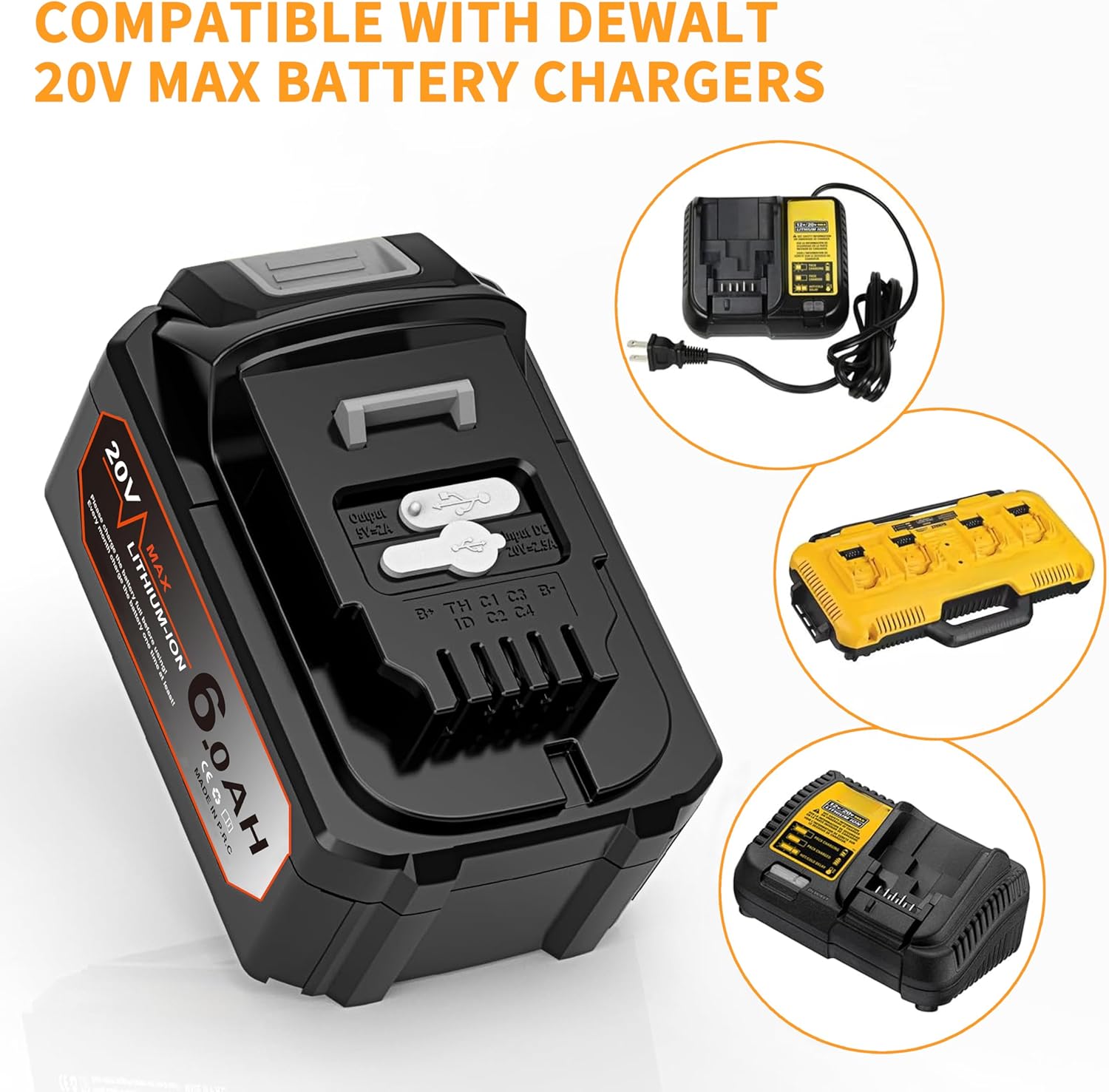 6.0Ah Replacement for DeWalt 20V Max Battery, Compatible with Dewalt 20v Max Battery DCB200 DCB203 DCB204 DCB205 DCB206 Series Tools, Comes with USB C Multi Charging Cable & DC Power Charger 2 Pack