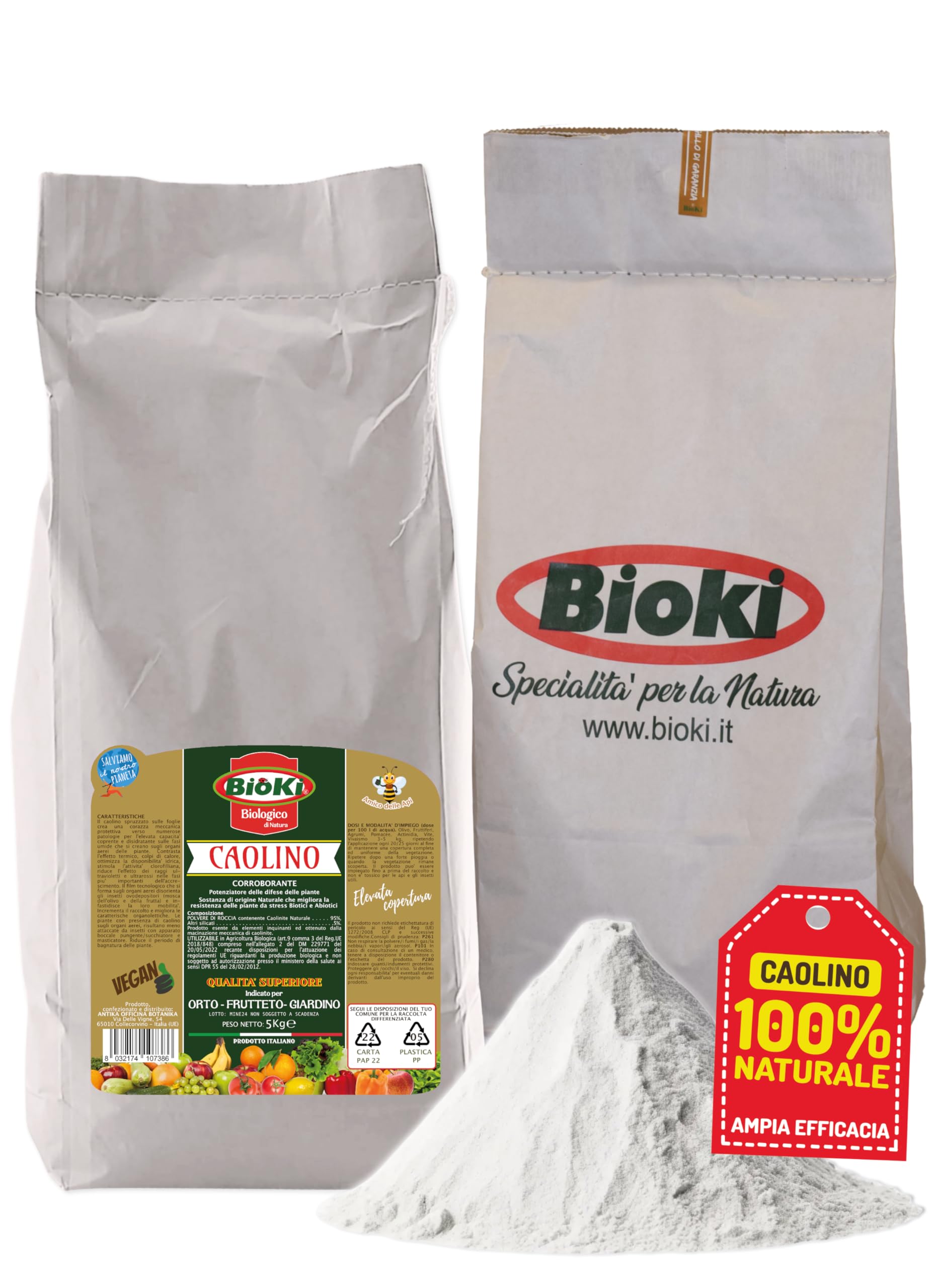 CAOLINO PER AGRICOLTURA -CORROBORANTE E POTENZIATORE DELLE DIFESE NATURALI DELLE PIANTE - "CAOLINO POLVERE DI ROCCIA" SACCO DA 5 KG