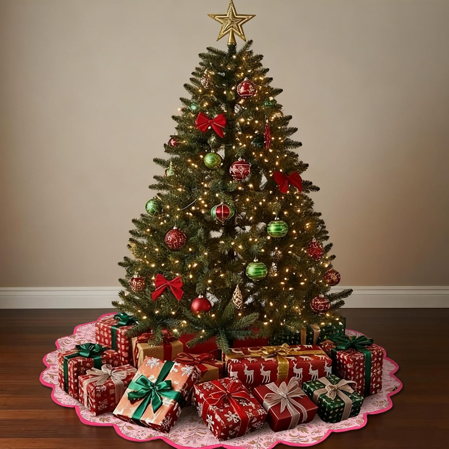 MiniInflat Christmas Tree Skirt Cotton Floral Block Tree Skirt in Nature Color for Home Xmas Party Seasonal Holiday Decoration Indoor Outdoor(48 Inch,Rose Red)