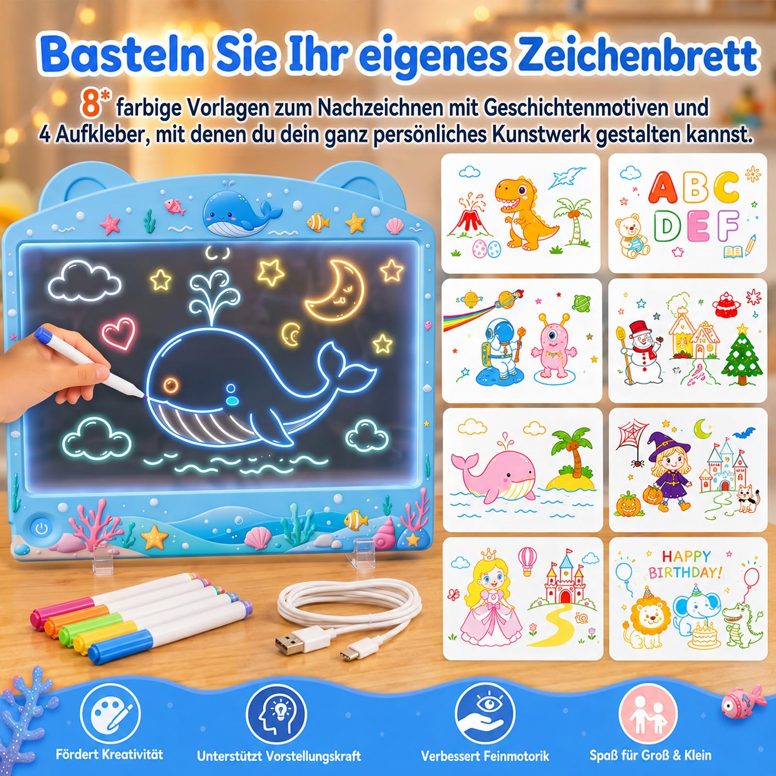 Planche à dessin LED pour enfants, 33 cm, avec 10 modes d'éclairage, variateur tactile, 7 marqueurs et 8 modèles, tableau à dessin en acrylique comme veilleuse et cadeau