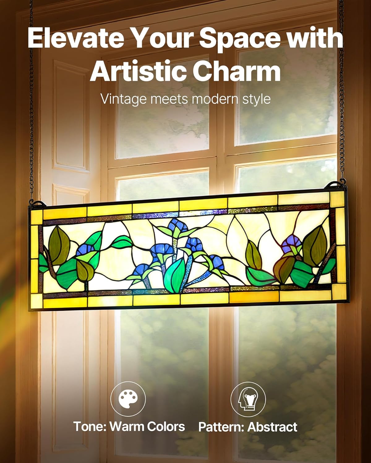 VEVOR Stained Glass Window Panel, 35.2" x 13.1" Tiffany Style Hanging Transom Window Panel with Chain, Large Horizontal Rectangle Stain Glass, Vintage Traditional Art Handcrafts for Kitchen Home Decor