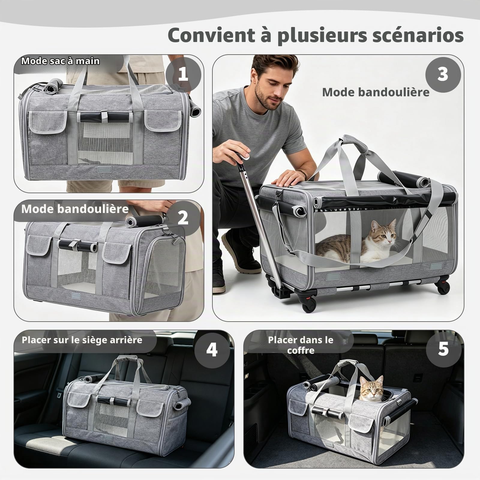 PETCUTE Sac de Transport pour Chien/Chat à roulettes,Pliable Sac de Transport Chats avec Poignée Télescopique,Caisse de Transport Chat en Maille Respirant avec Tapis Amovible,Airline Approuvé