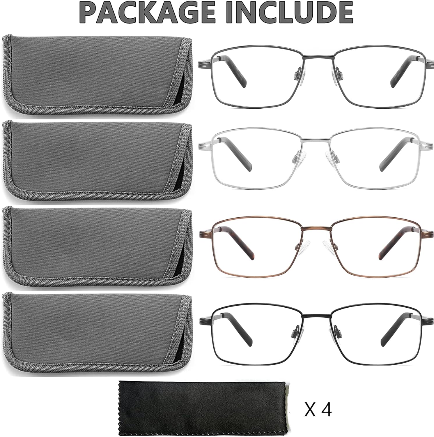 4 Pack Reading Glasses for Men, Computer Readers with Spring Hinge, Anti UV Ray/Eye Strain/Glare