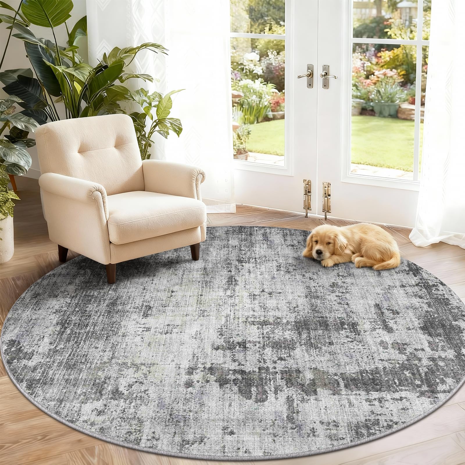 Grand tapis rond 160 cm lavable et antidérapant pour salon gris