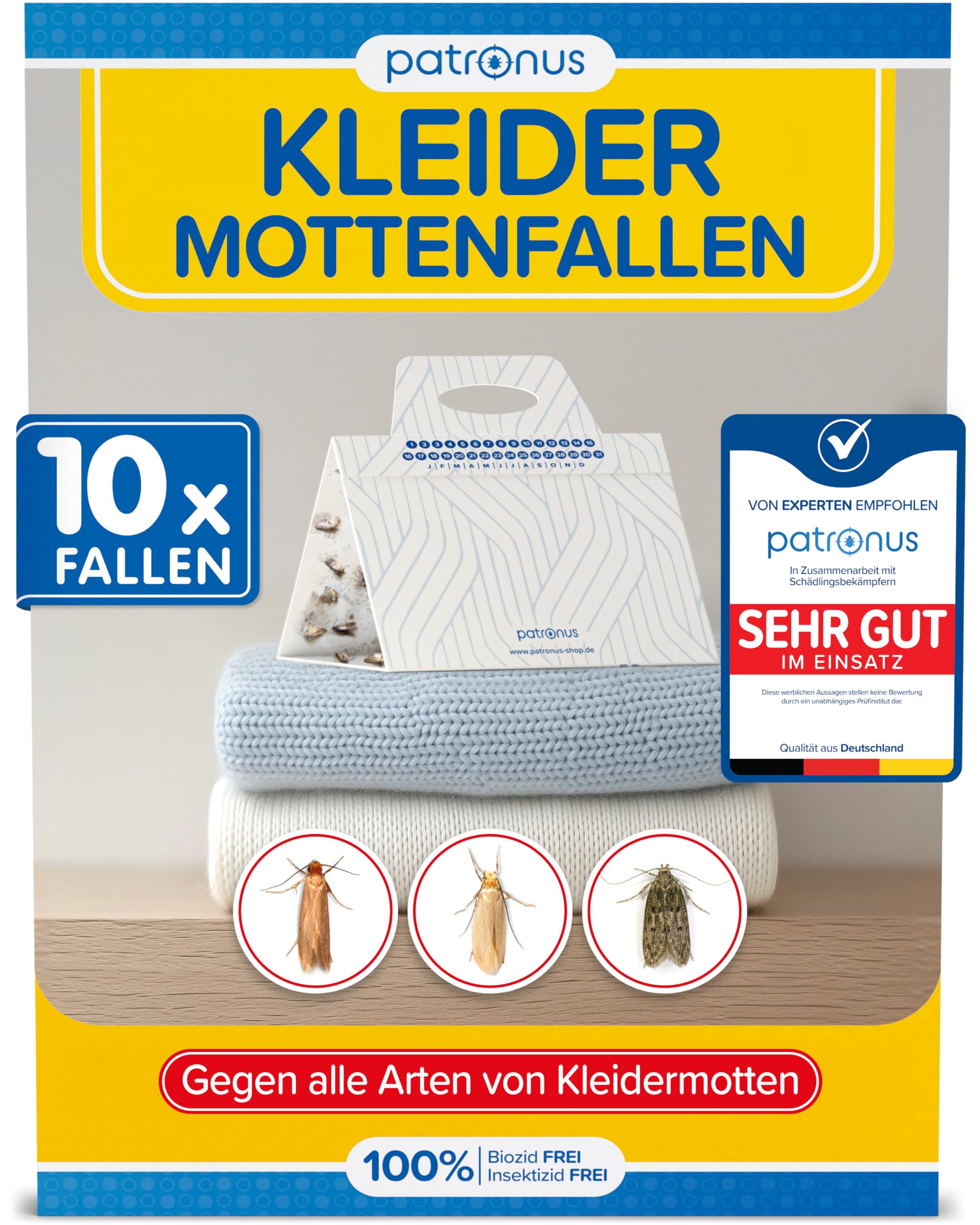 Patronus Kleidermottenfalle [10 Stück] - effektiver Mottenschutz für Kleiderschrank - Mottenfalle Kleidermotten mit maximaler Lockwirkung - Kleidermotten bekämpfen - Alternative zu Mottenpapier
