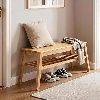 Nnewvante Bamboo Entryway Bench, 33.46" Indoor Storage Bench, Small Wood Benches for Living Room,