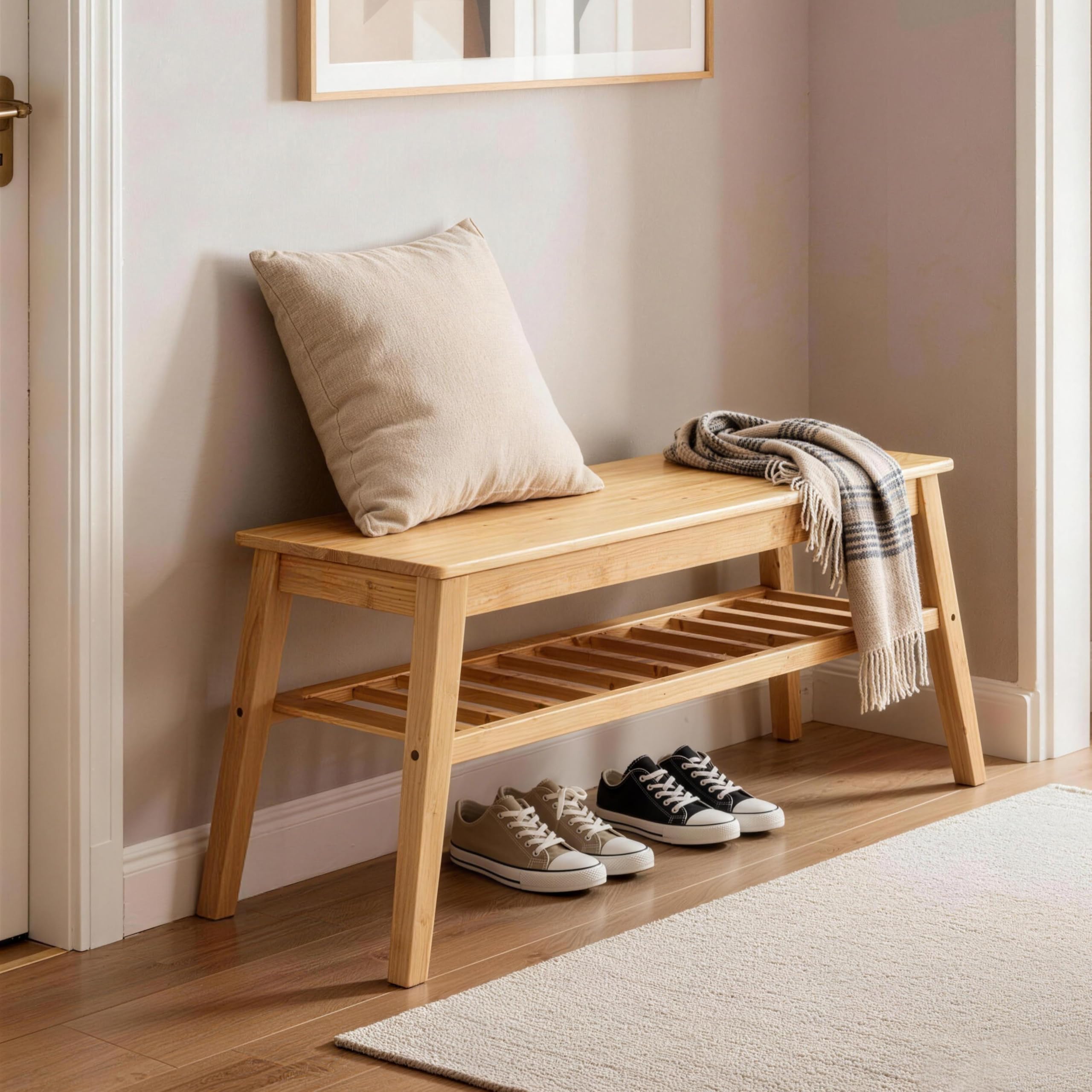 Nnewvante Bamboo Entryway Bench, 33.46" Indoor Storage Bench, Small Wood Benches for Living Room, Bedroom, Dining Room, Hallway, Outdoor Wooden Bench, Holds up to 300lbs