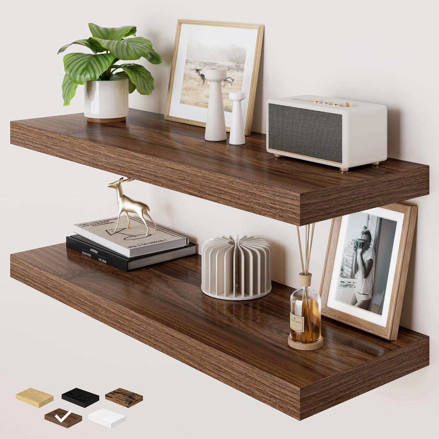 RICHFOCUS Deep Floating Shelves for Wall 2 Pack 12" D 36 Inch Wall Shelves for Room Wall|Wood Hanging Shelf with Invisible Brackets for Bathroom Bedroom Kitchen Laundry Room, Walnut