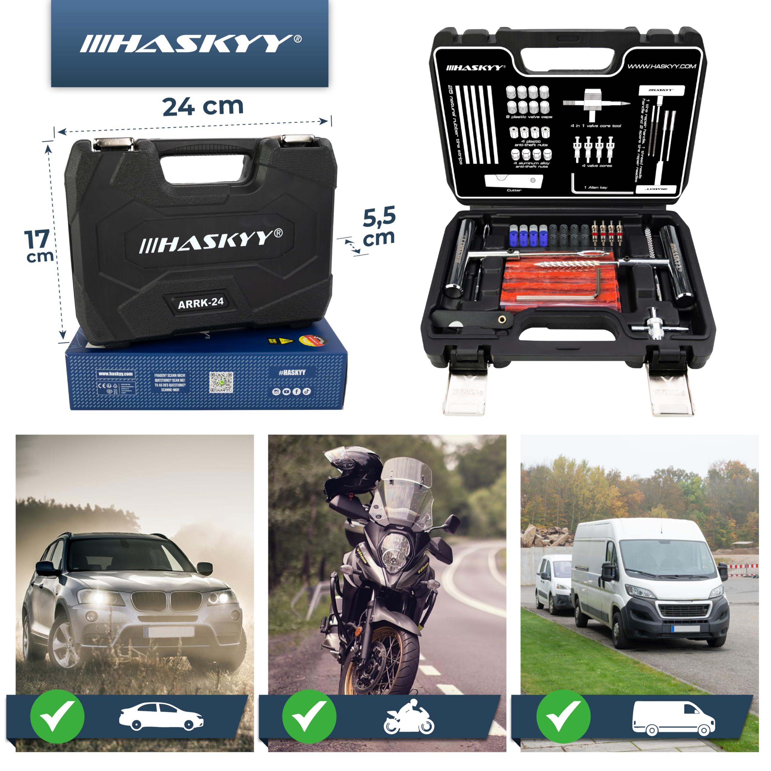 HASKYY Kit Riparazione Pneumatici 53 Pezzi Tubeless – Set Completo per Auto Moto ATV SUV