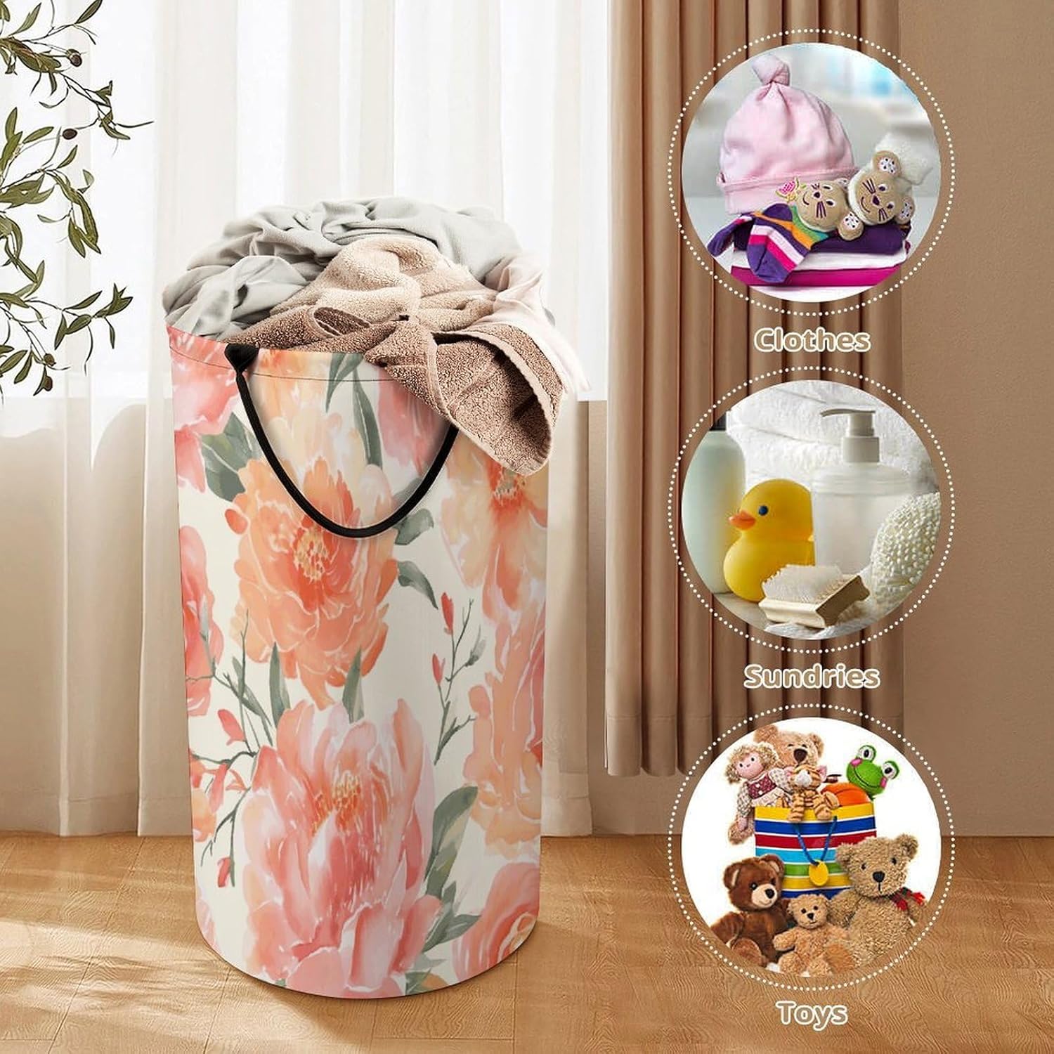 Peach Peony Laundry Hamper with Handles Freestanding Large Laundry Basket Collapsible Clothes Hamper Waterproof Clothes Basket for Family Bathroom Decor Storage 86L