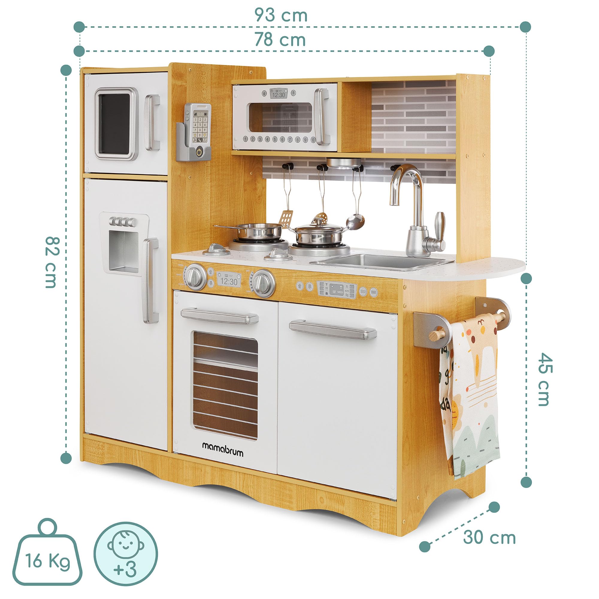 Mamabrum Cuisine Enfant en Bois Grande Taille avec Éclairage LED, Frigo, Four, Micro-Ondes, Tablette, Ustensiles et Tableau Noir - Jouet Éducatif Compatible avec Enfants 3 Ans et Plus