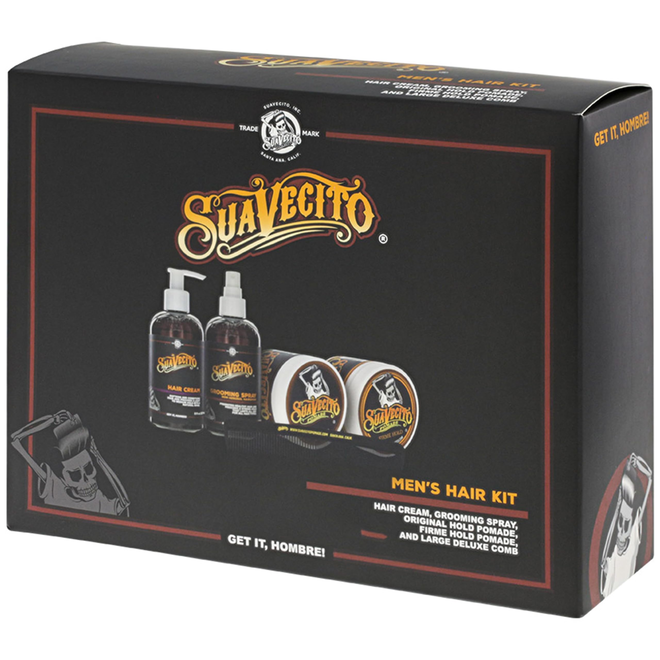 Suavecito Men's 5 PC Hair Kit - Original & Firme (Strong) Hold Medium Shine Pomade, Hair Cream and Grooming Spray, Large Deluxe Comb