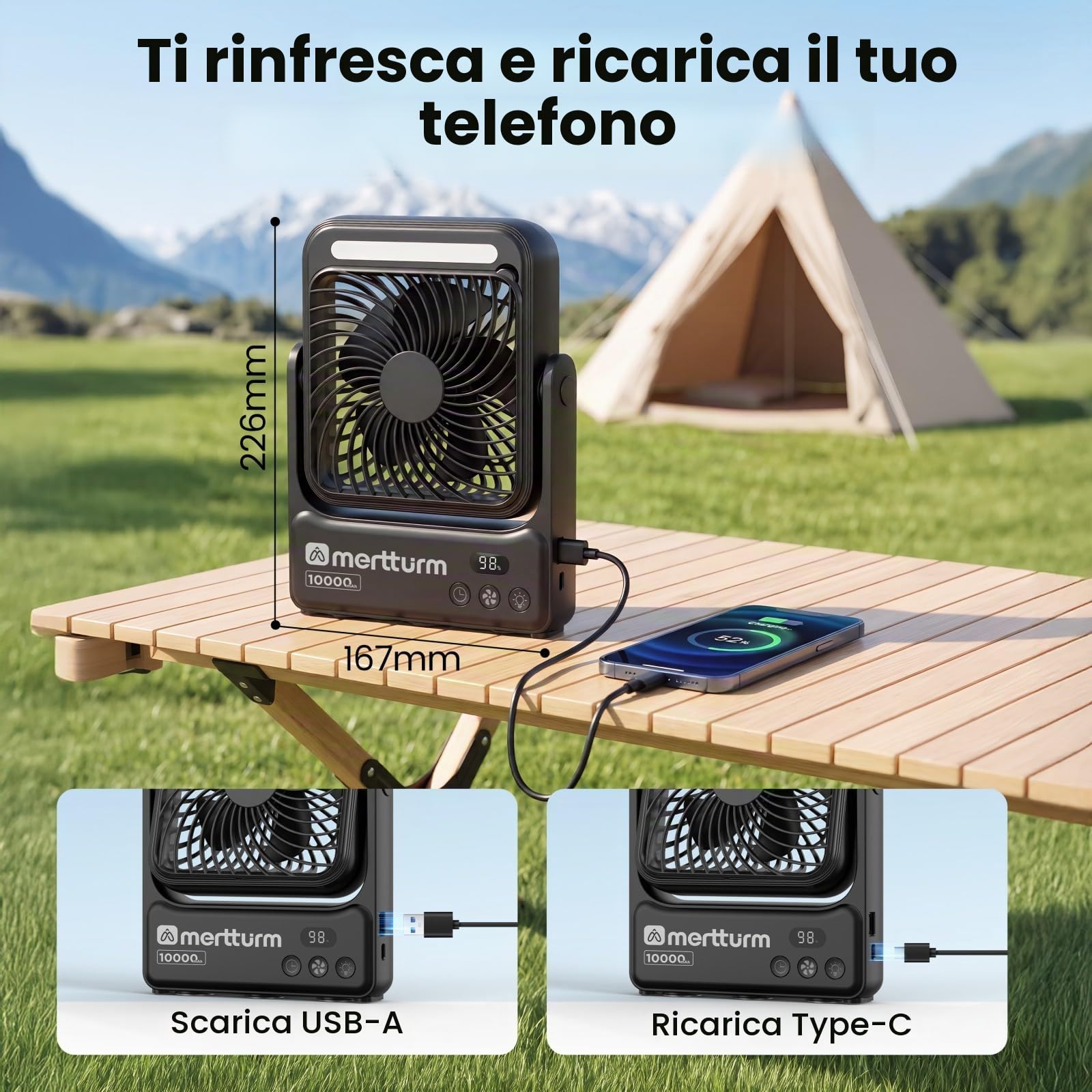 MERTTURM Ventilatore da Tavolo Magnetica Silenzioso con Luce, 10000mAh Ventola da Crociera Ultrasottile Ricaricabile, 4 Velocità, Telecomando per Campeggio, Viaggio, Ufficio