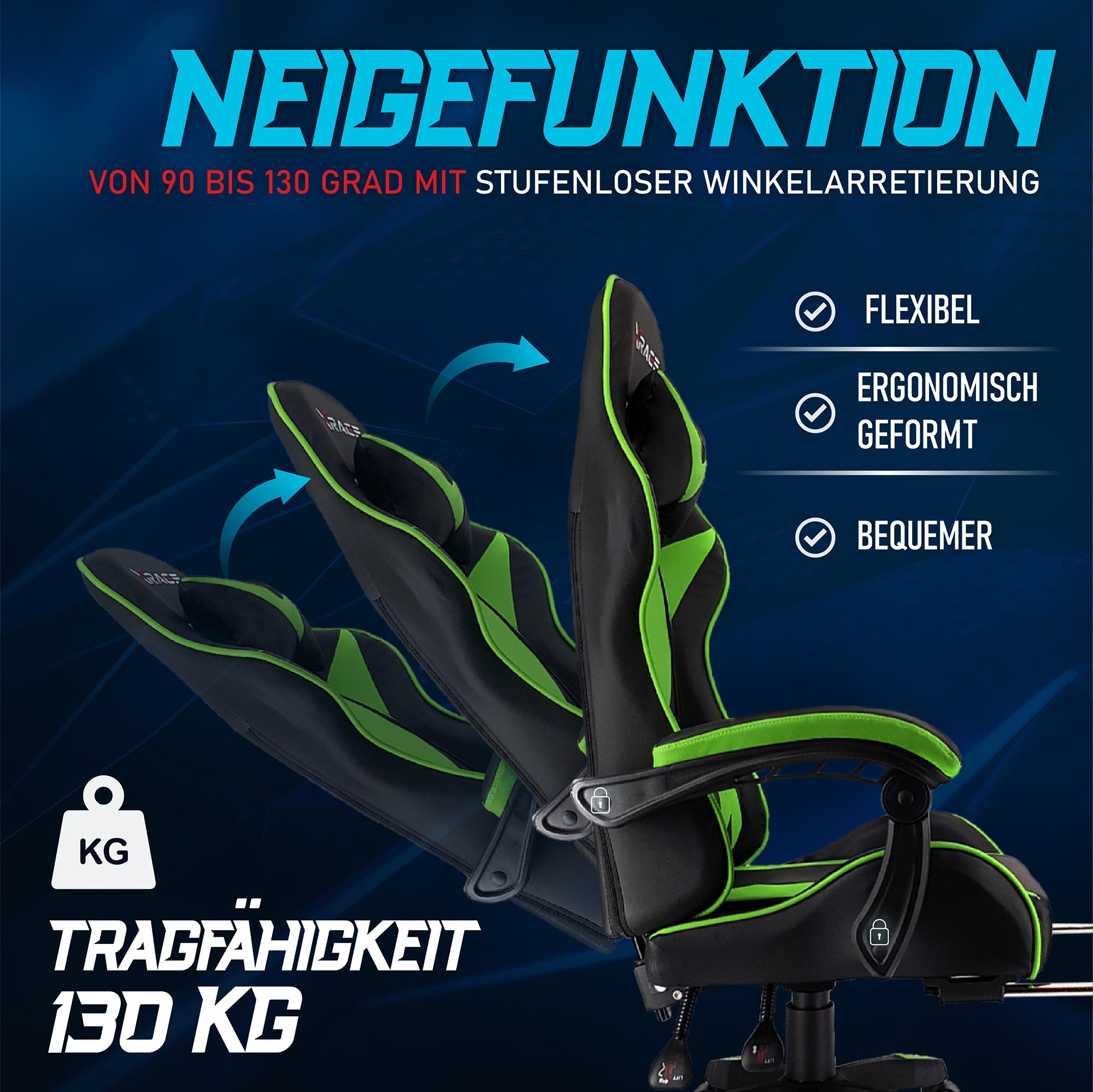 xRace Gaming Stuhl, ergonomischer Bürostuhl, PU-Leder, Lendenstütze Grün | Ergonomischer PC Stuhl mit Kopfstütze, Lendenkissen und pflegeleichtem Kunstlederbezug, höhenverstellbar und drehbar