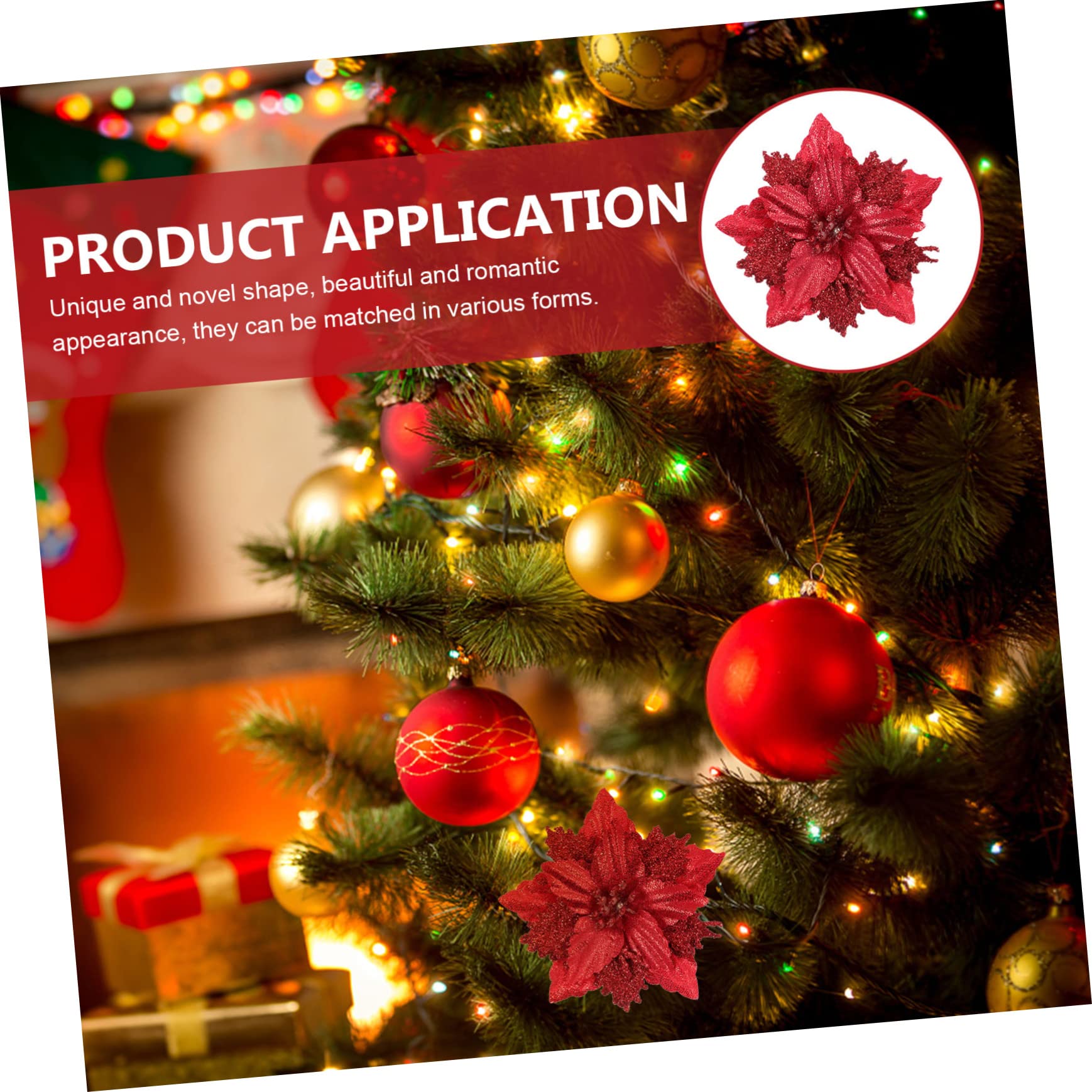 48 Piezas de Flores de Navidad árbol de Navidad Poinsettia con Purpurina navideña, Flores de Navidad con Purpurina, Corona de Navidad con Purpurina Artificial en Polvo, cártamo