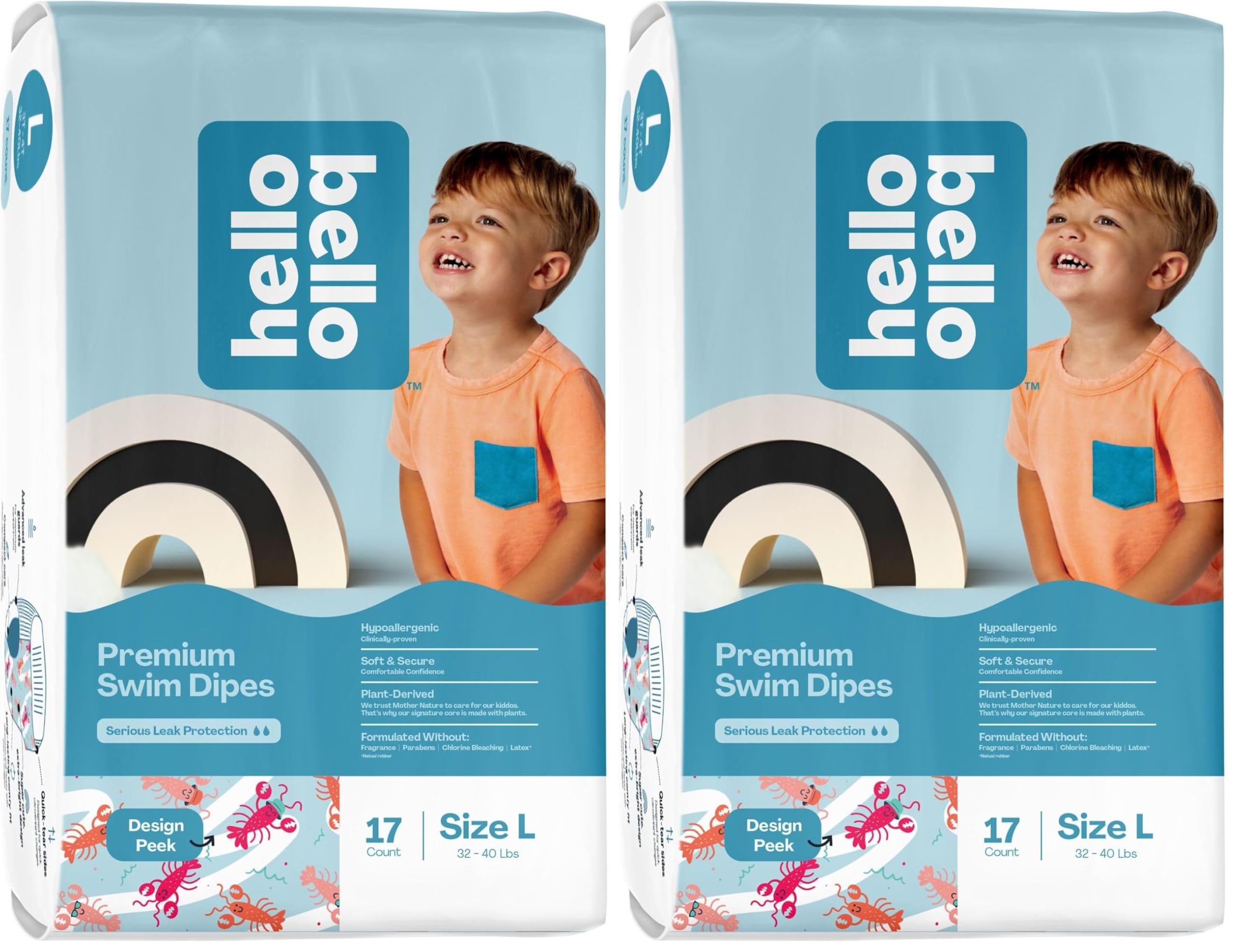 Hello Bello Premium Swim Diapers - Size L (32-40 lbs), Cute Extra-Bright Lobster Designs, 17 Count Jumbo Pack (Pack of 2)