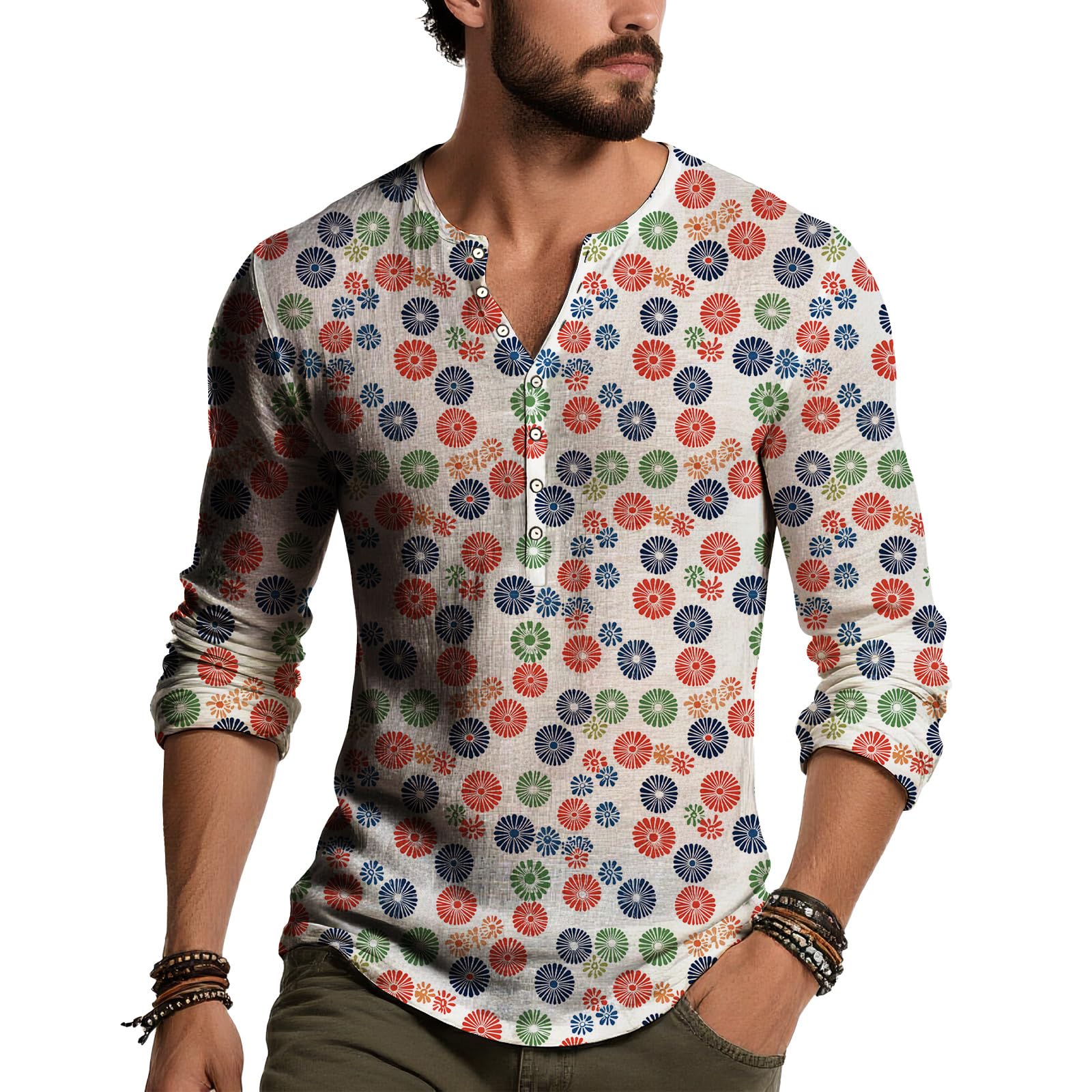 Men's Long Sleeve Wave Floral Print Henley Shirt Artistic V Neck Button Down Casual Top Lightweight Modern Fit