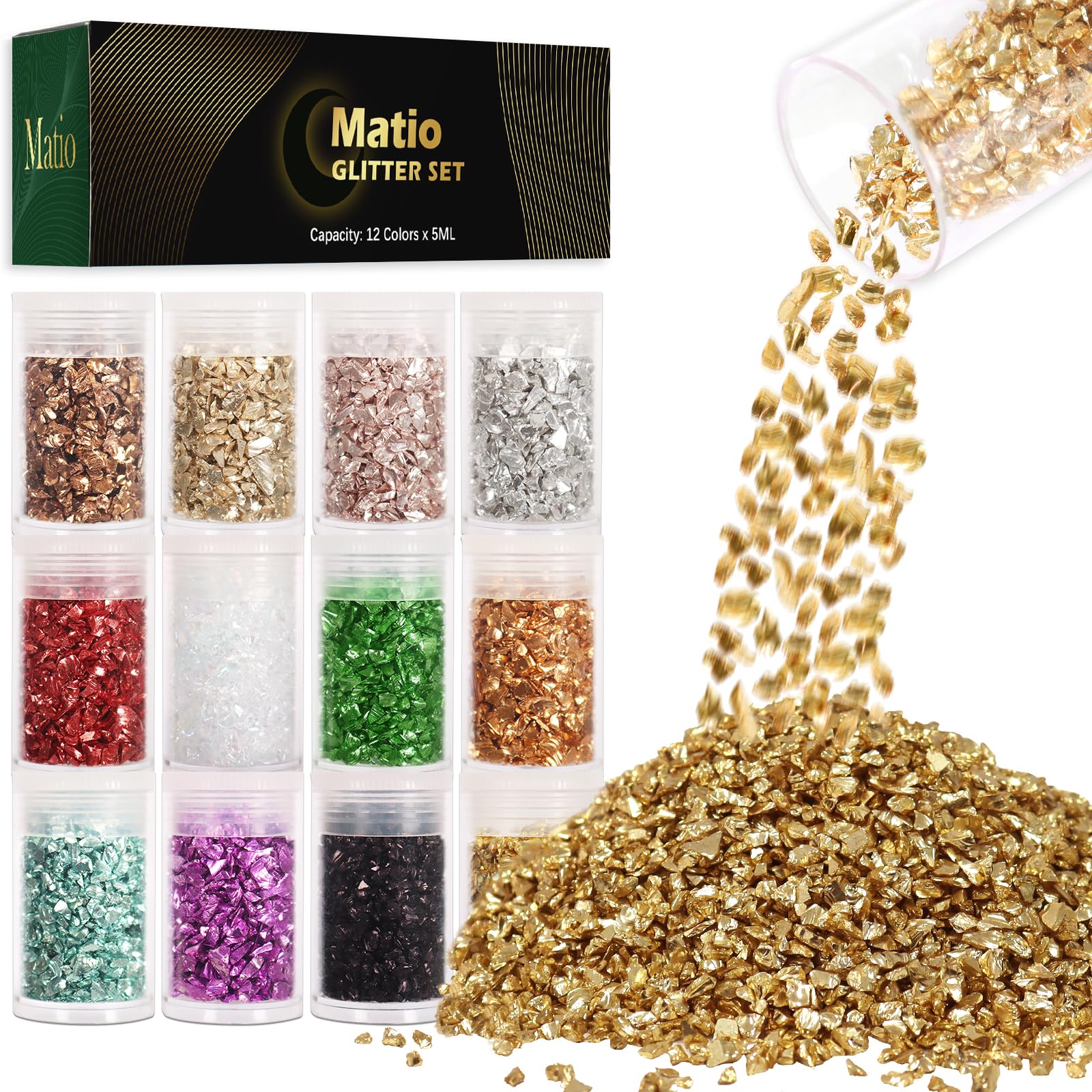 Matio 12 Colors Crushed Glass Irregular Glitter, 4.23oz/ 120g Crushed Broken Glass Sprinkle Chips for Resin Epoxy Jewelry DIY,Shattered Crystal Flakes Sequins for Nail Art Decor Phone Case Vase Filler