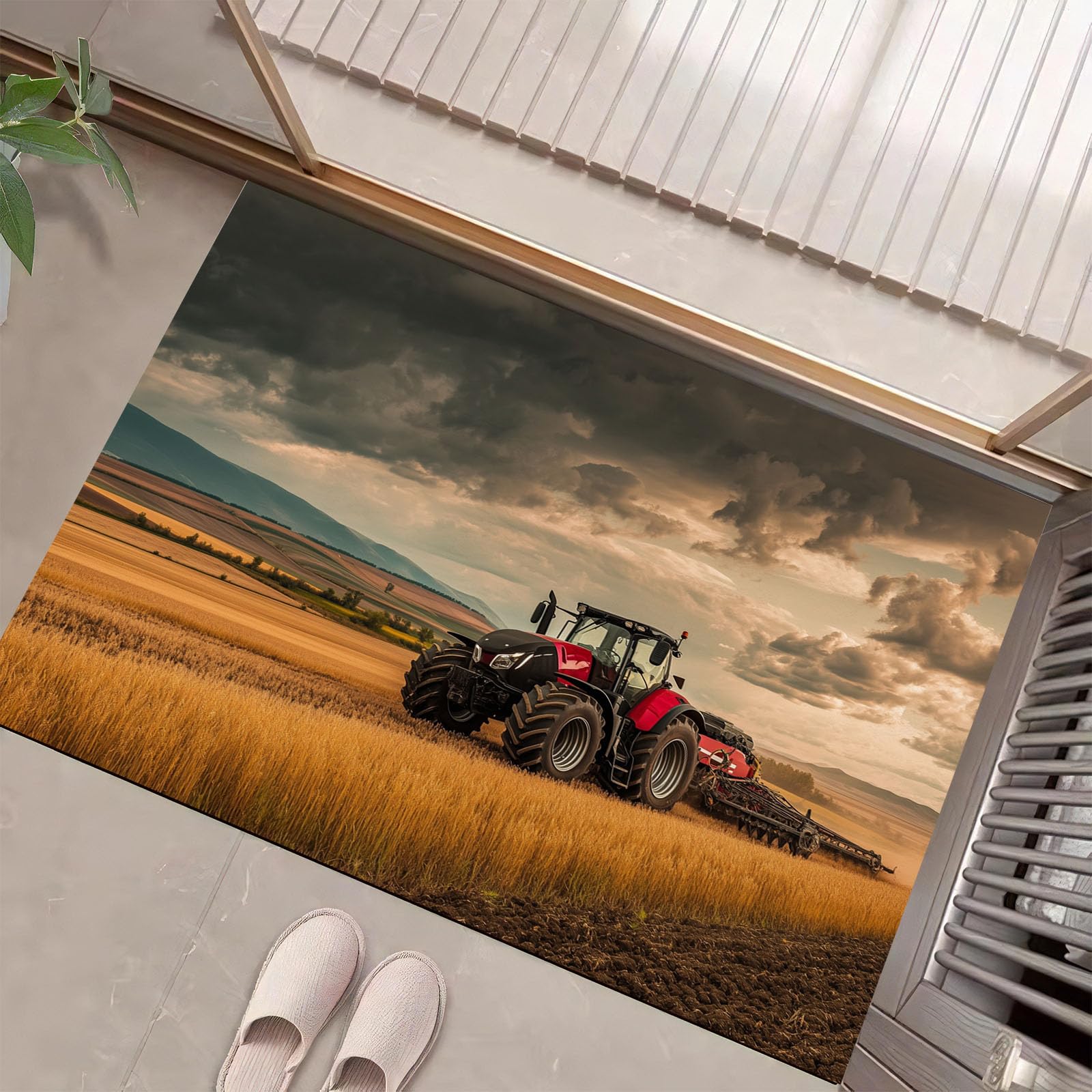 Paillasson tracteur dans un champ de blé pour une entrée de maison de campagne chaleureuse