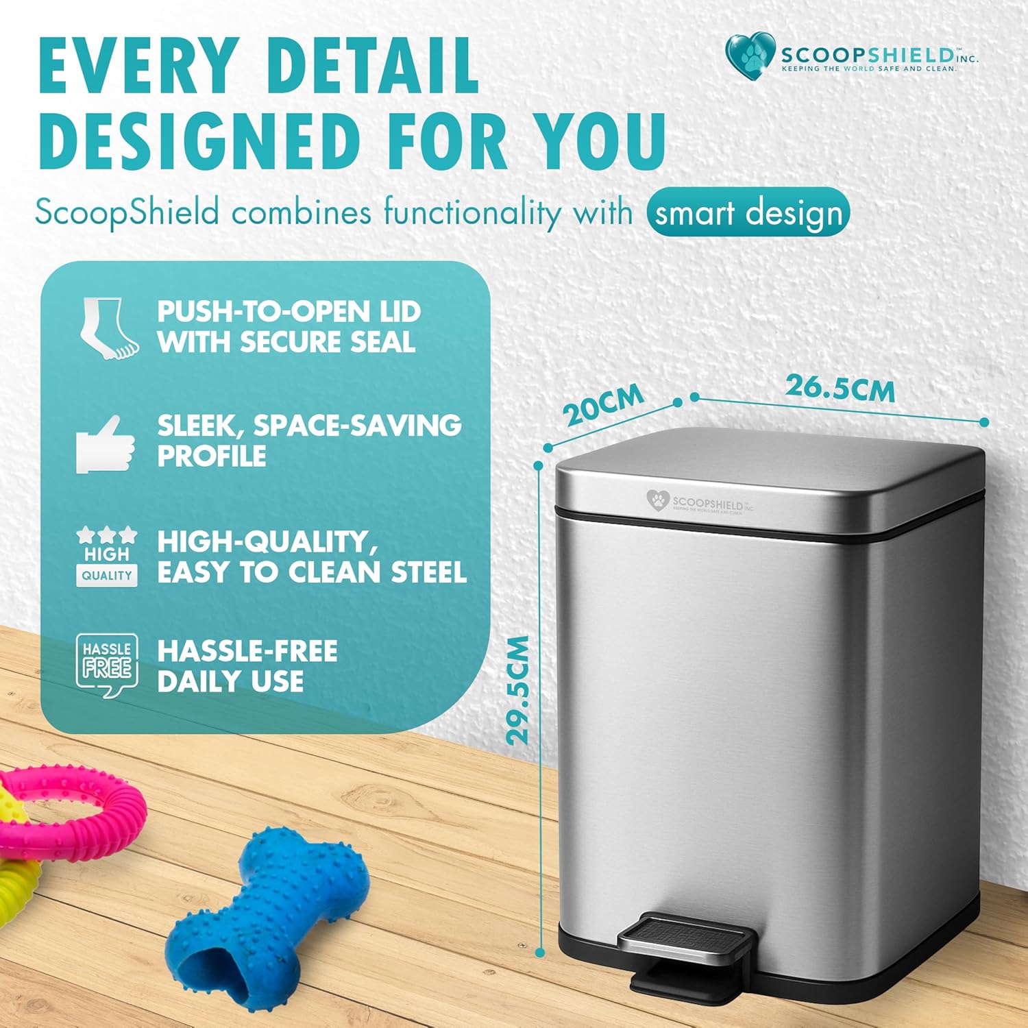 6L Outdoor and Indoor Pet Waste Container, (with one Charcoal Filter), Stainless Steel Can. Lid Opens with Push Step. 12 in x 10 in x 8 in Dimension.