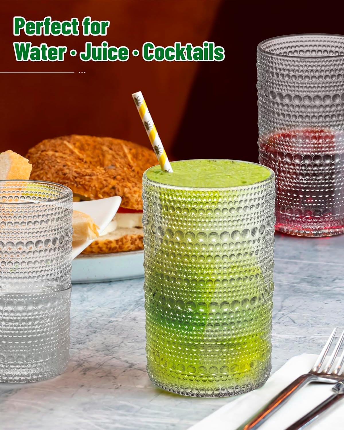 Vintage Dot-Pattern Drinking Glasses Set of 6 – 13 oz Clear Highball Glass Cups – Embossed Textured Glassware with Anti-Slip Design for Water, Juice, Cocktails – Thick Glass, Dishwasher Safe