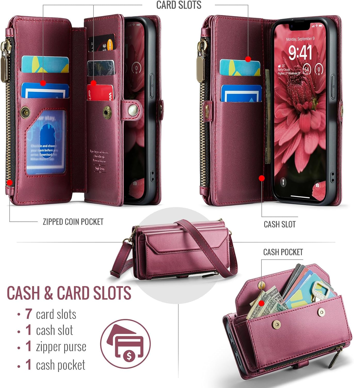 Phone Case for iPhone 16e/SE 2025/SE 4 Zipper Wallet Cover with Tempered Glass Screen Protector and Flip RFID Blocking Card Holder Cell i Phone16e i16e 16 e SE4 4th Generation 16eCase Women Wine Red