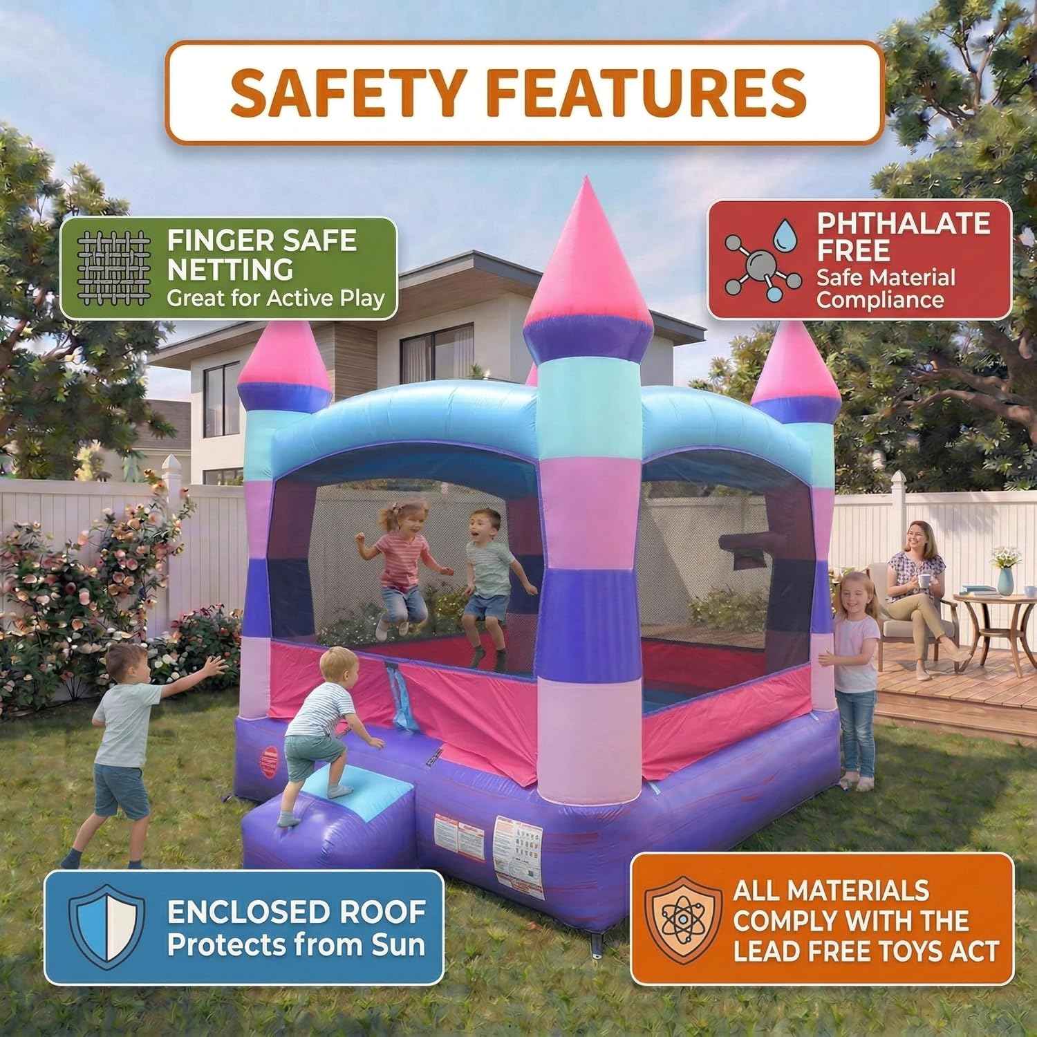 Crossover Deluxe Pink Purple Castle Inflatable Bounce House for Kids and Toddlers, 13 x 12 x 14.5 Foot Bouncy Jump Castle Backyard Jumper, Commercial-Grade Vinyl, with Blower, Stakes and Storage Bag