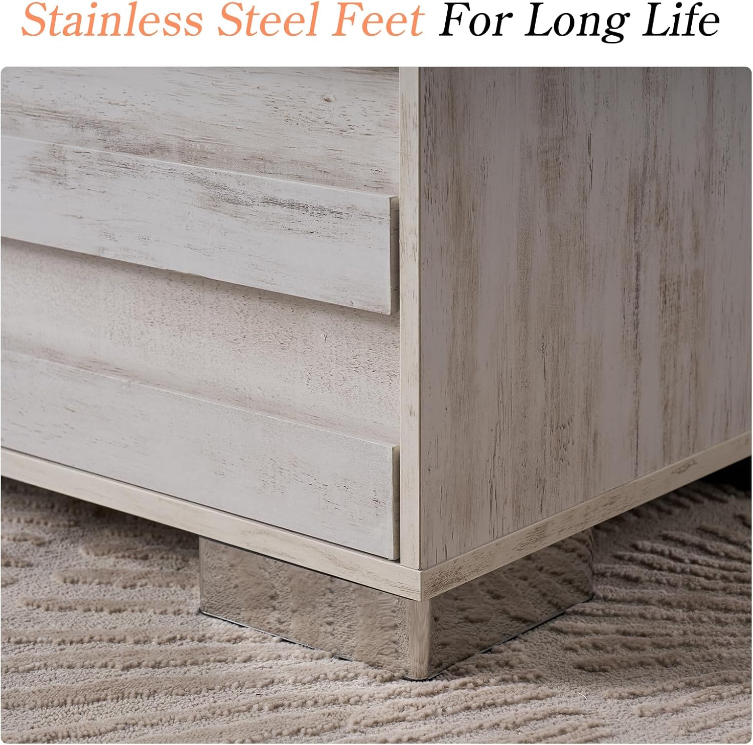 3 Pcs Bedroom Furniture Set - Includes Farmhouse 6 Drawer Dresser and Nightstand Sets of 2 with Charging Station, Slated Handles & Stainless Steel Feet, Distressed White