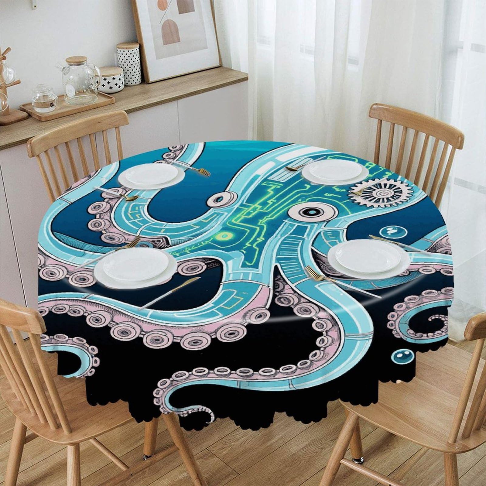 VstaDank Mechanical Octopus Round Tablecloth Wipeable Round Polyester Tablecloth Waterproof Wrinkle Free Indoor and Outdoor Table Cover 60 Inch Decorative Farmhouse Table Cloth for Dining