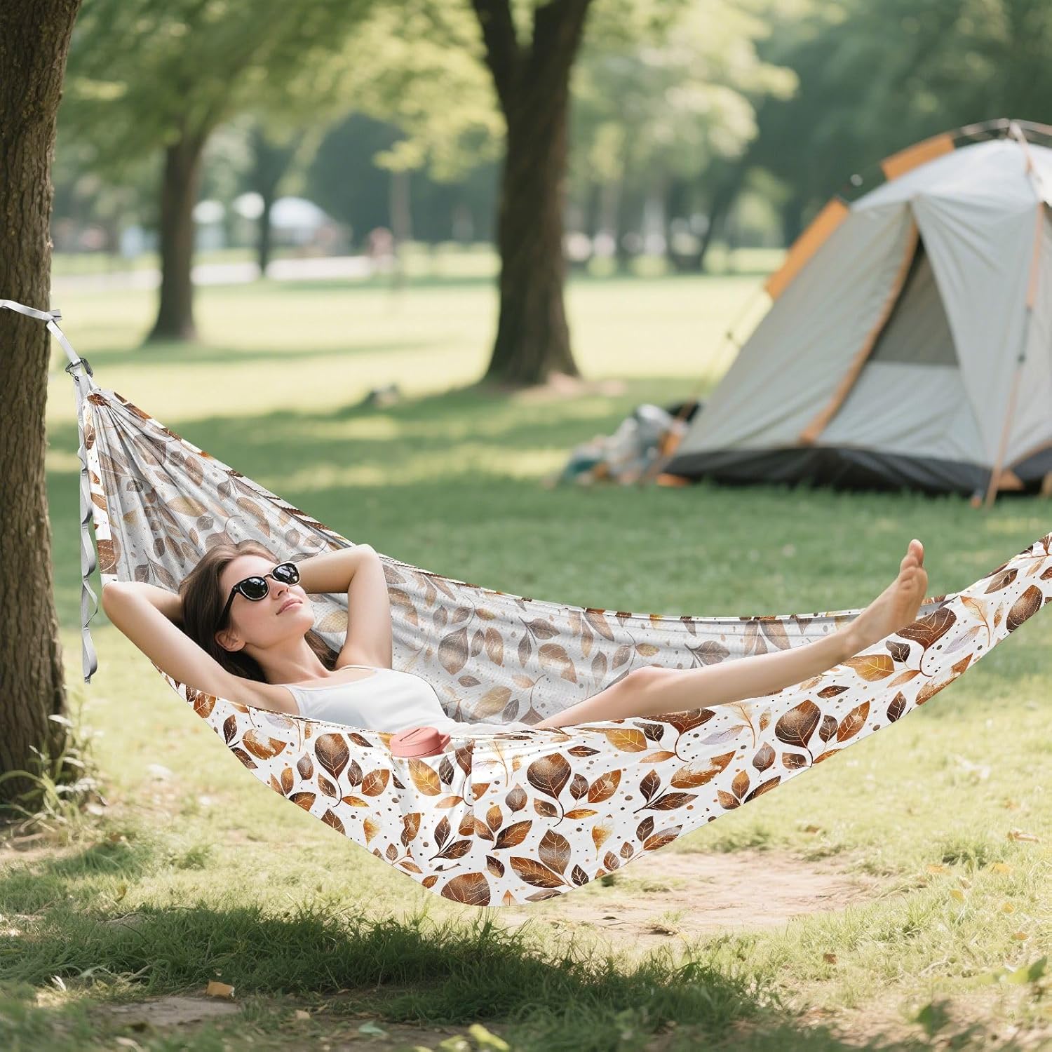 ALAZA Brown Gold Leaves Watercolor Camping Hammocks Single or 2 Person 500 lbs Portable Parachute Travel Hammock w/Tree Straps for Hiking Backpacking Indoor Outdoor