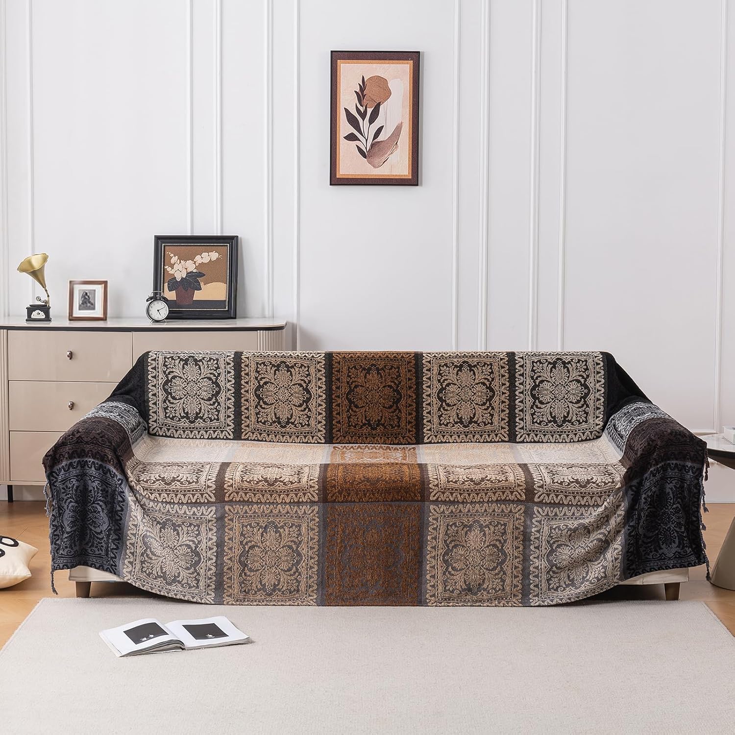 Boho Throw Blanket, Chenille Jacquard Tassels Throw Blankets for Bed Couch Soft Chair, Bohemian Fringe Tassels (Black, S:60x75) - Image 3