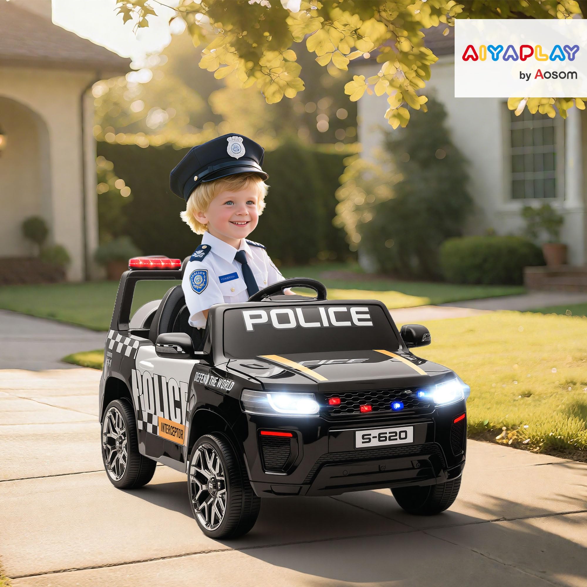 AIYAPLAY Macchina Elettrica della Polizia per Bambini 3-5 Anni 12V 2 Motori | Sirena, Luci LED, Sospensioni, Telecomando, USB, Bluetooth, Musica, Clacson, 3-5 km/h