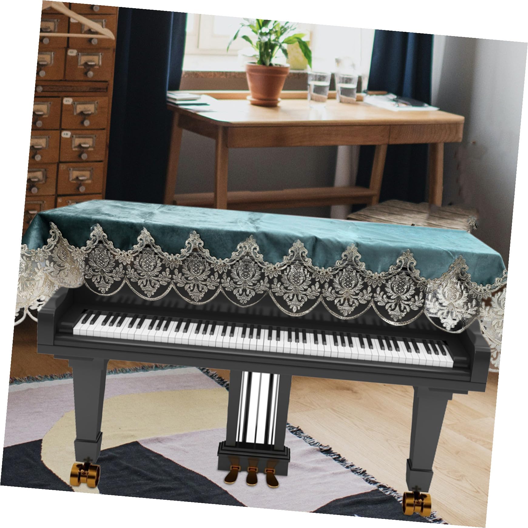 ibasenice Housse Demi-couverture pour Piano Électronique, Motif Dentelle Brodée, Polyester Pliable et Décoratif, Protection Anti-poussière pour Piano