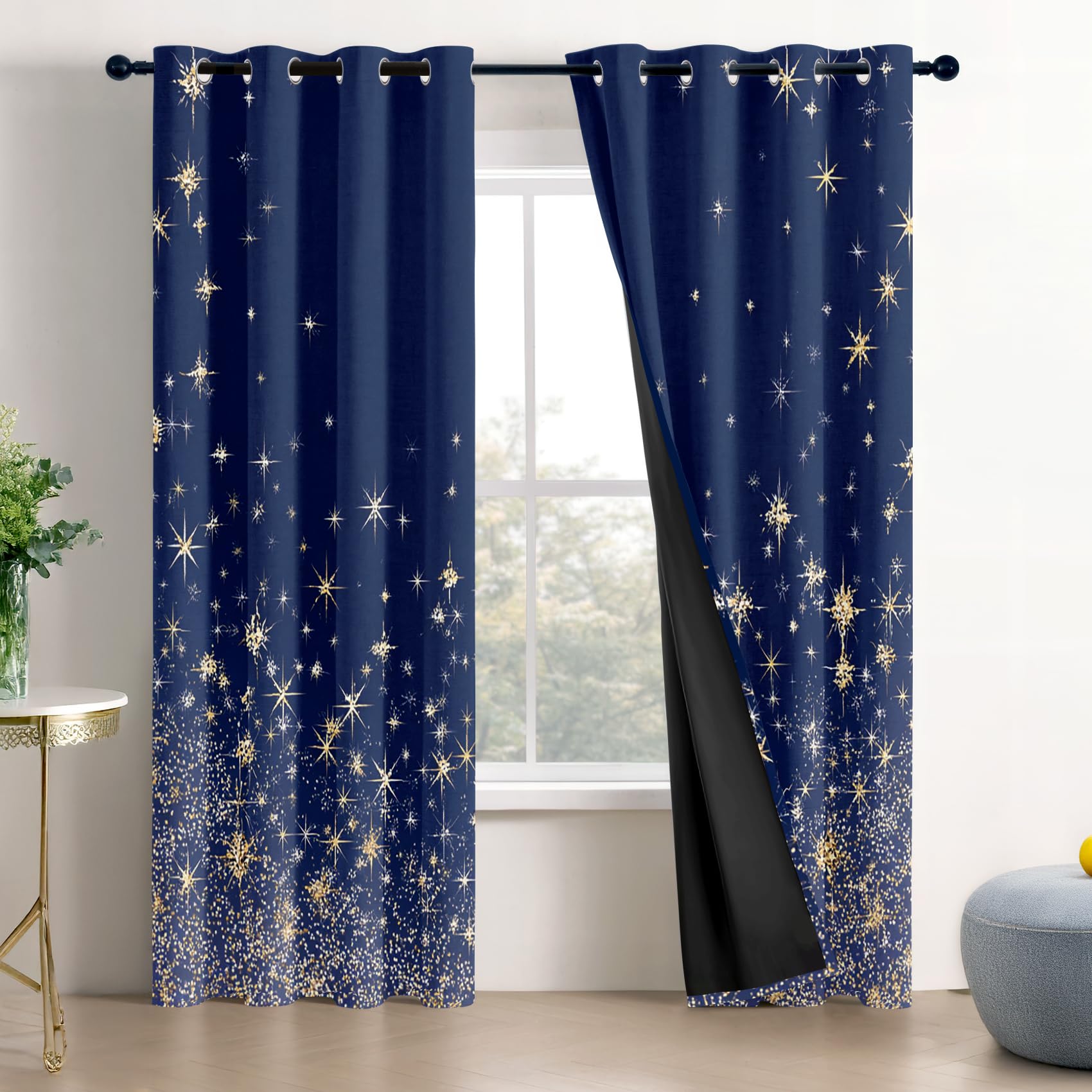 Mistela Blau Verdunklungsvorhänge - Gardinen Blau Gold Luxus Blickdicht Vorhang mit Ösen Verdunklungsvorhänge für Kinderzimmer Wohnzimmer Schlafzimmer Dekoration - 2er Set - H220 x B140cm